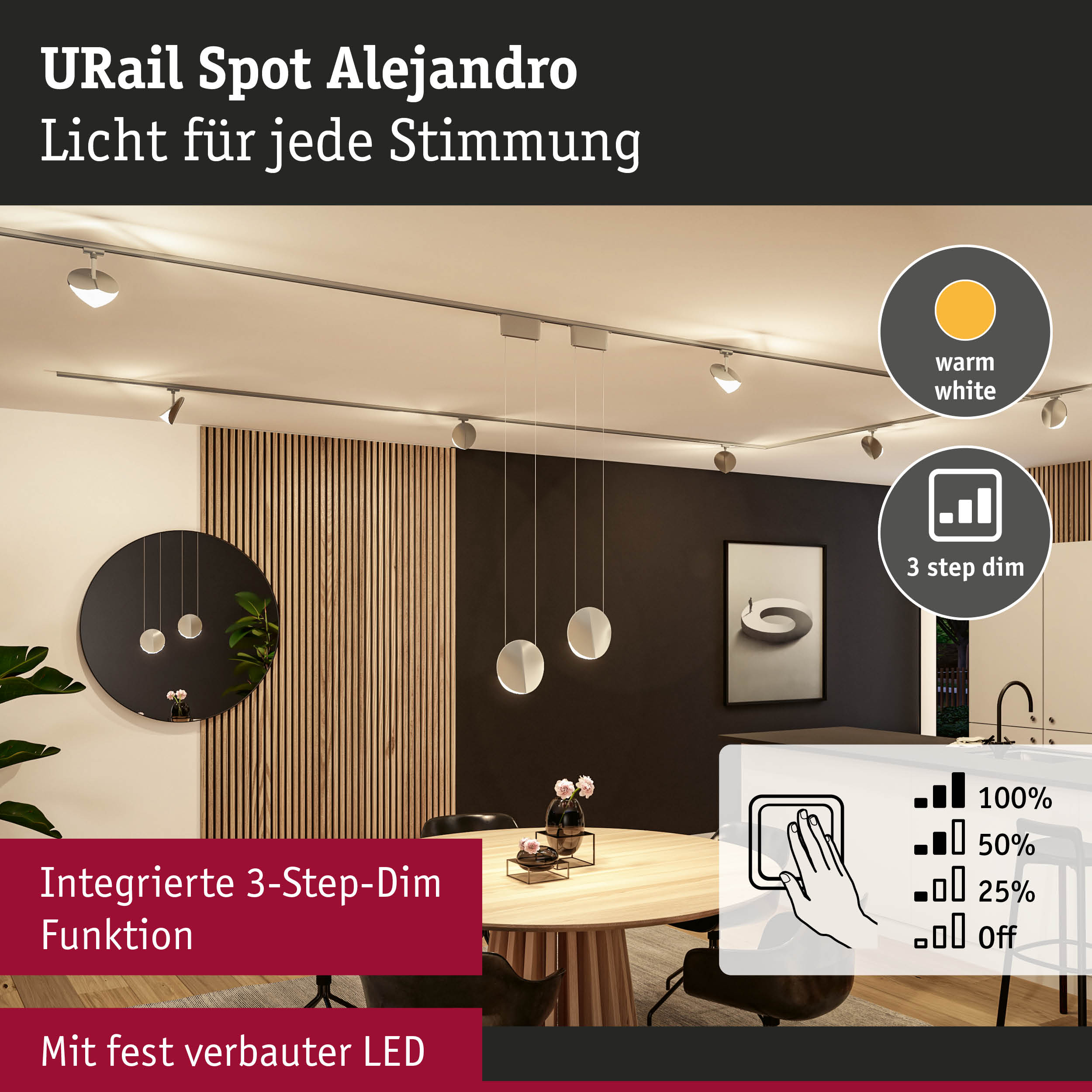 Salon z systemem szynowym URail Spot Alejandro, ciepłym białym światłem i 3-stopniowym ściemniaczem.