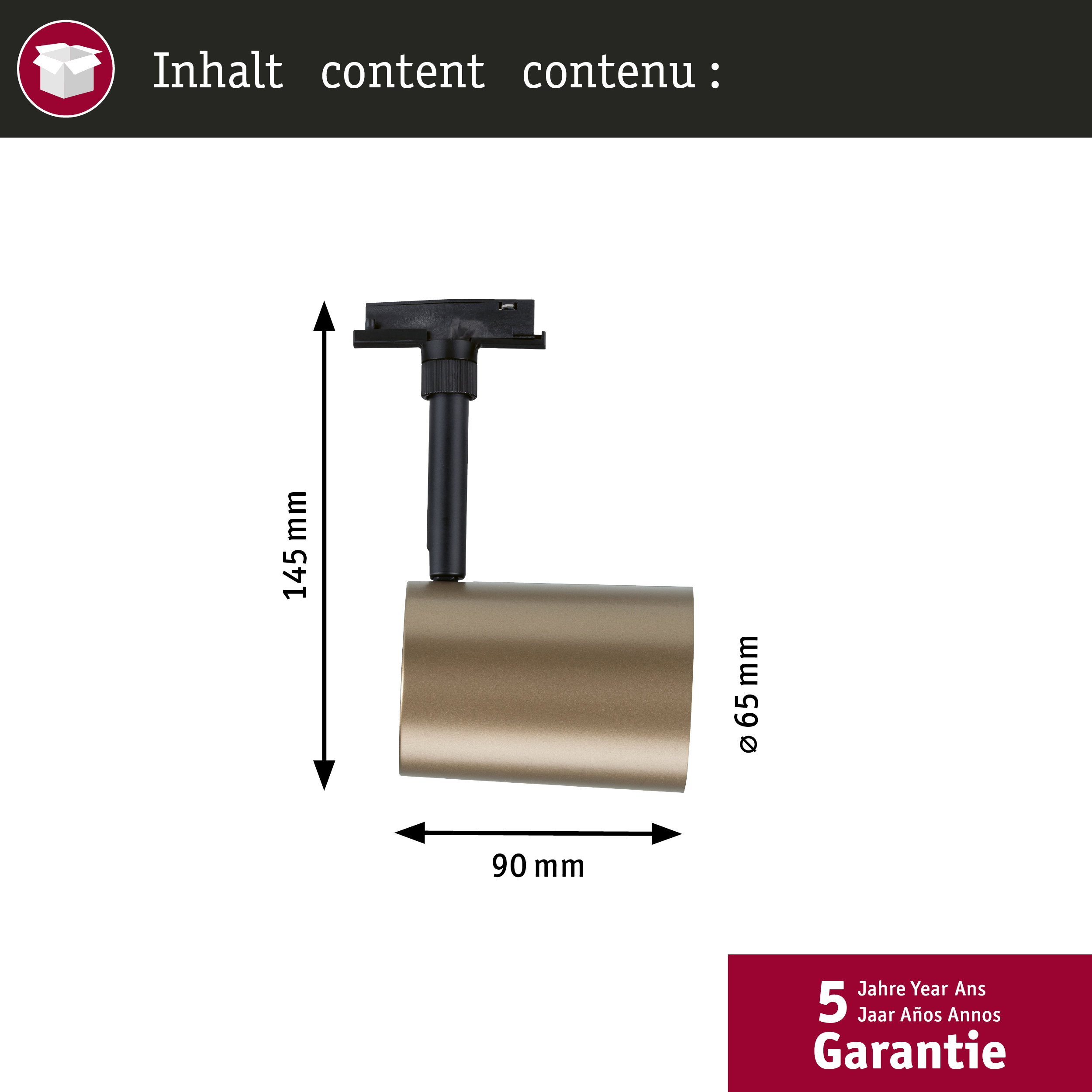 Technische Zeichnung einer bronzefarbener LED-Stangenleuchte mit Maßen.