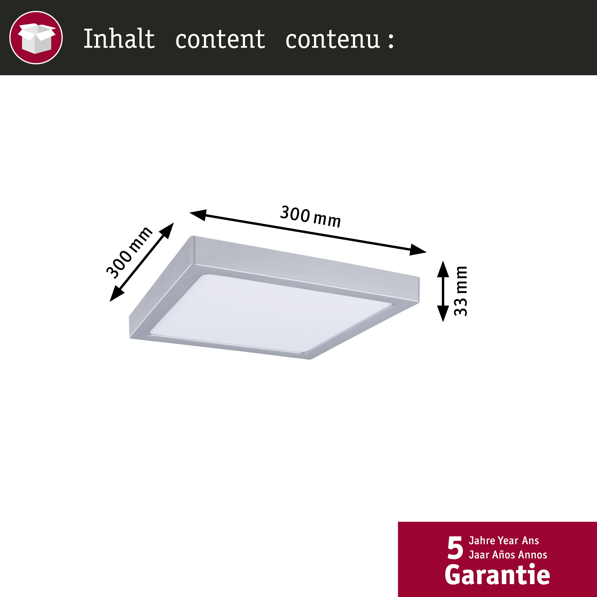 Schemat kwadratowej lampy sufitowej o wymiarach 300x300x33 mm.