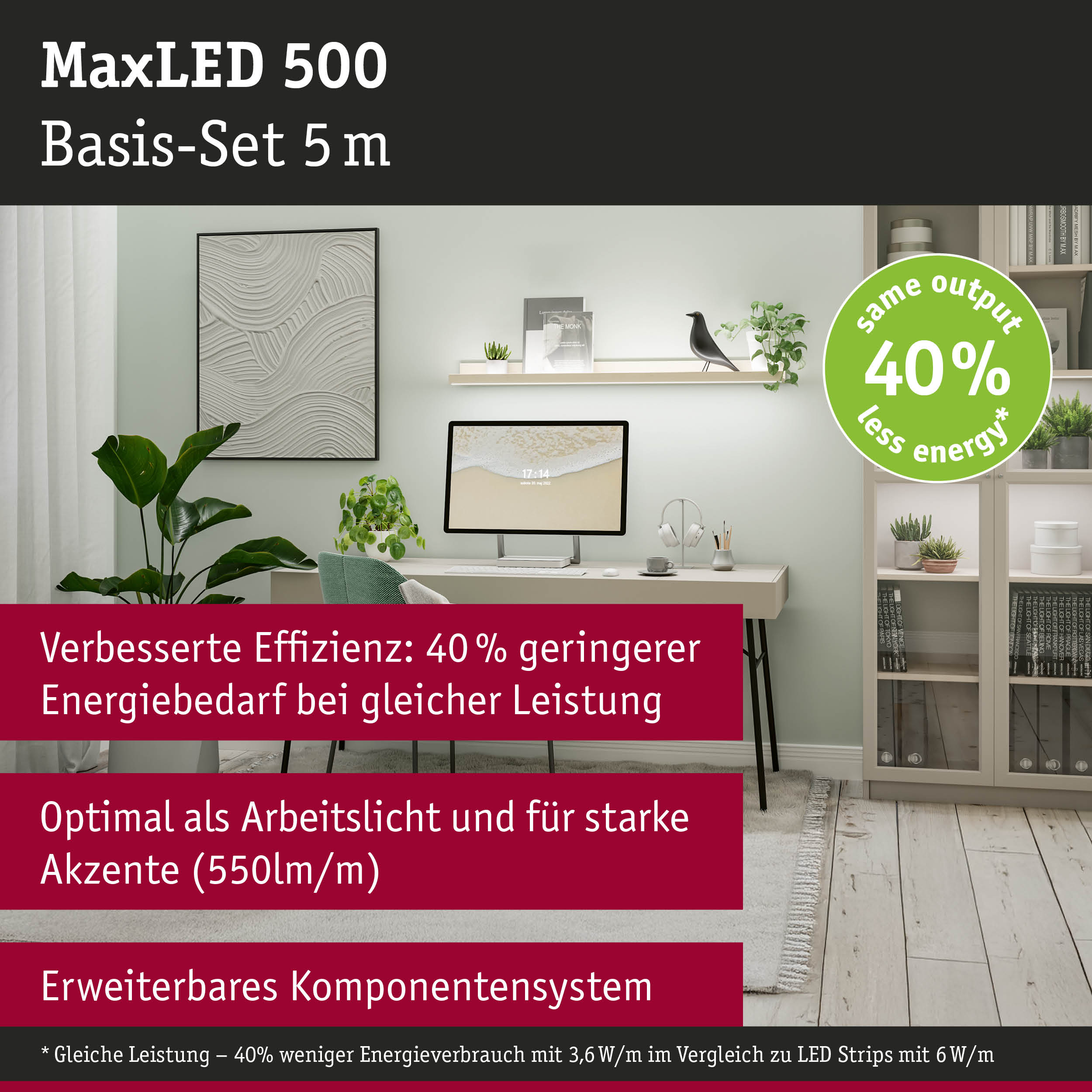 Moderne Schreibtischecke mit PC, Beleuchtung und Regal in einem hellen Raum.