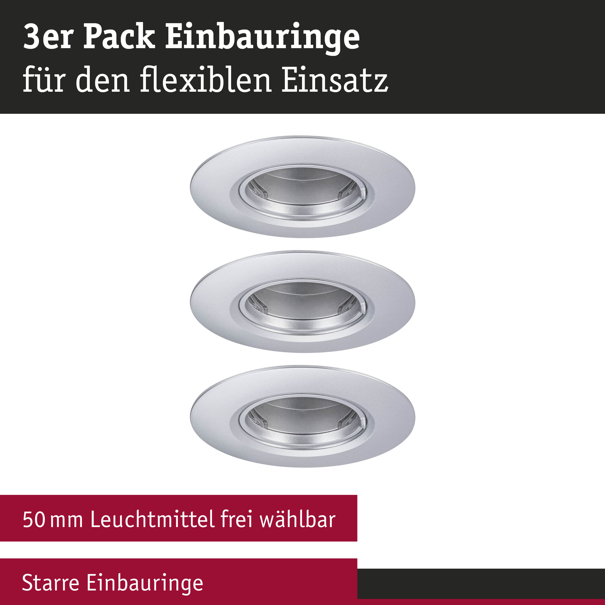 Drei silberne, starre Einbauringe auf weißem Hintergrund mit Textbanner oben und unten.