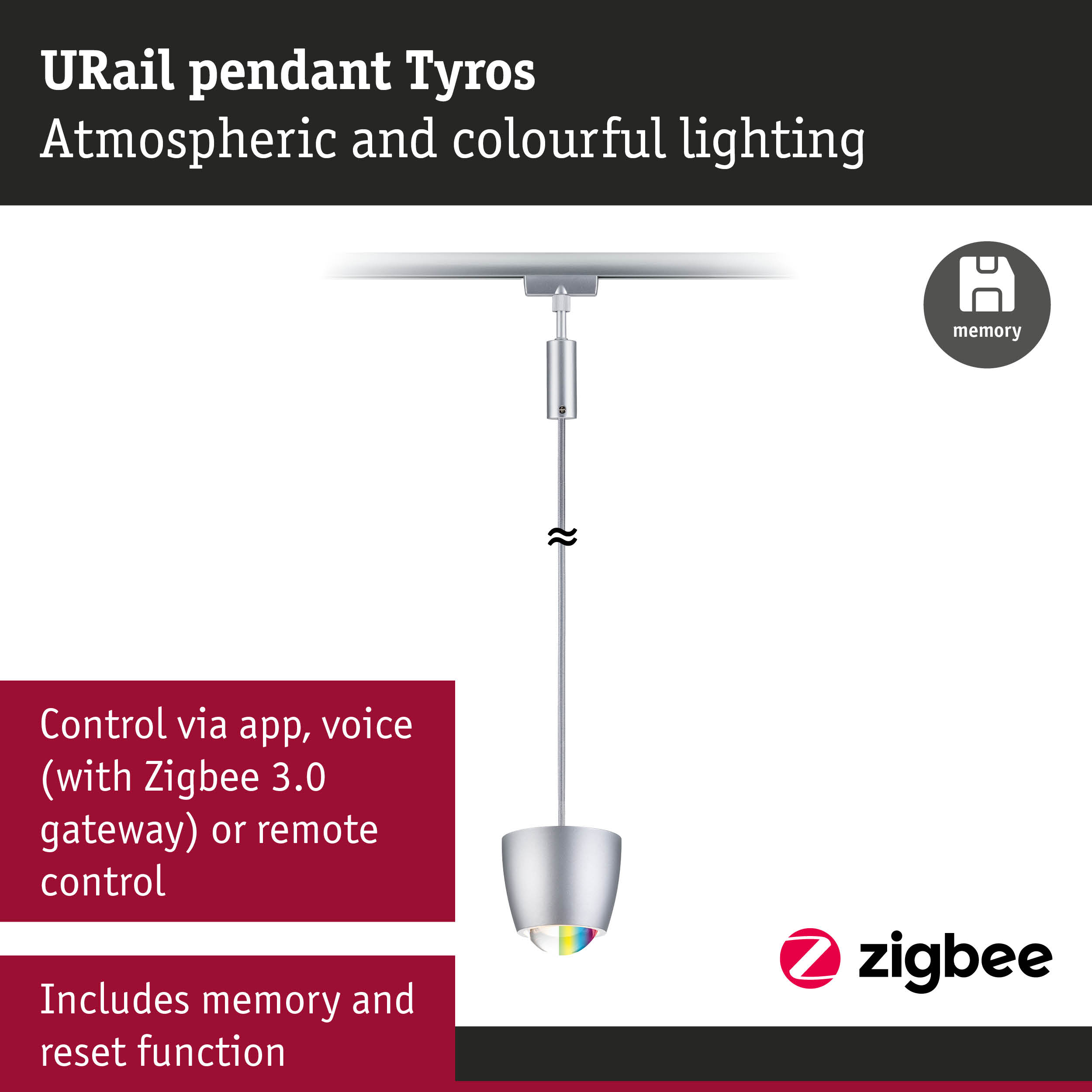 URail Pendelleuchte Tyros in Silber mit farbiger Beleuchtung, App-Steuerung und Memory-Funktion.