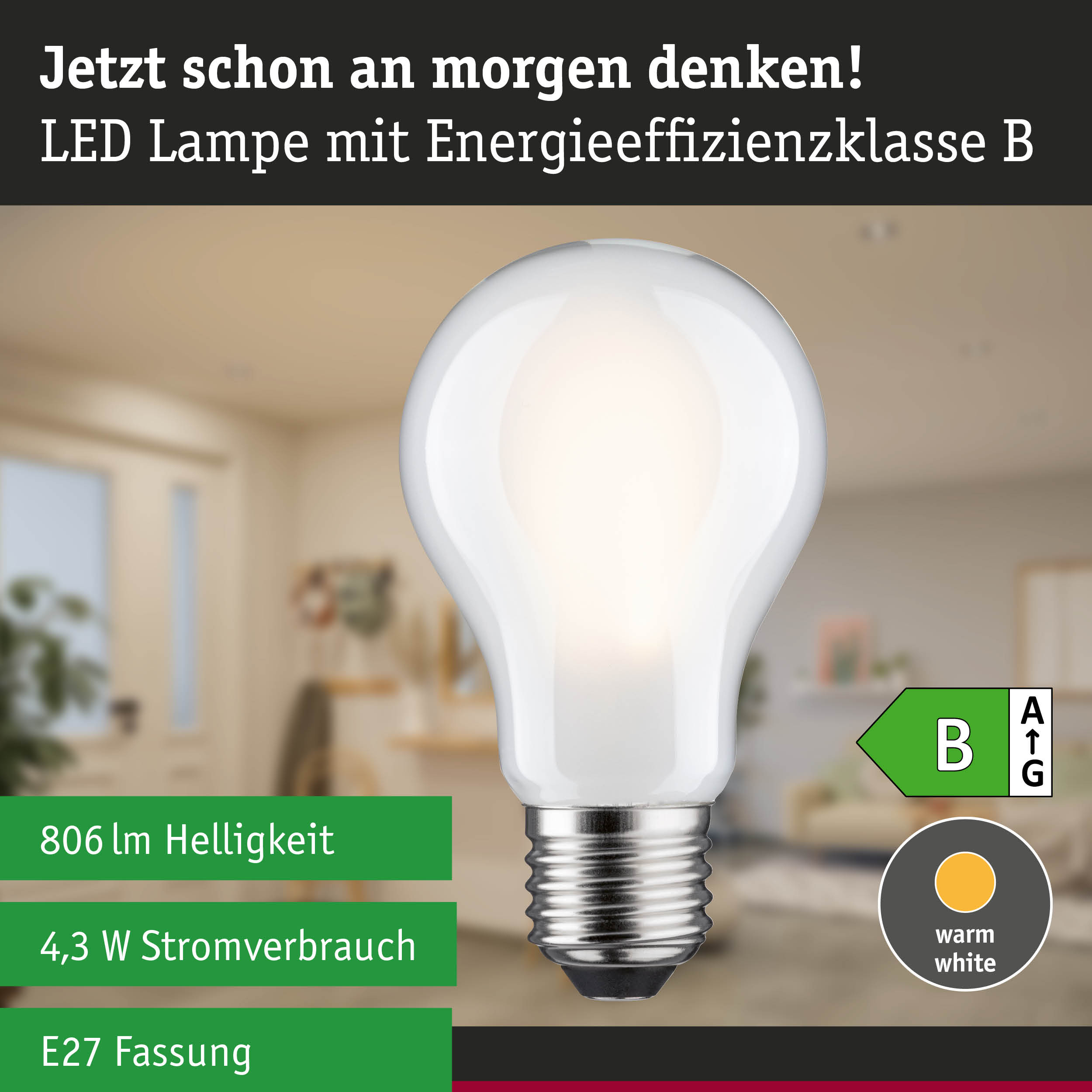 Eine weiße LED-Lampe mit Energieeffizienzklasse B und Texten auf einem Raumhintergrund.
