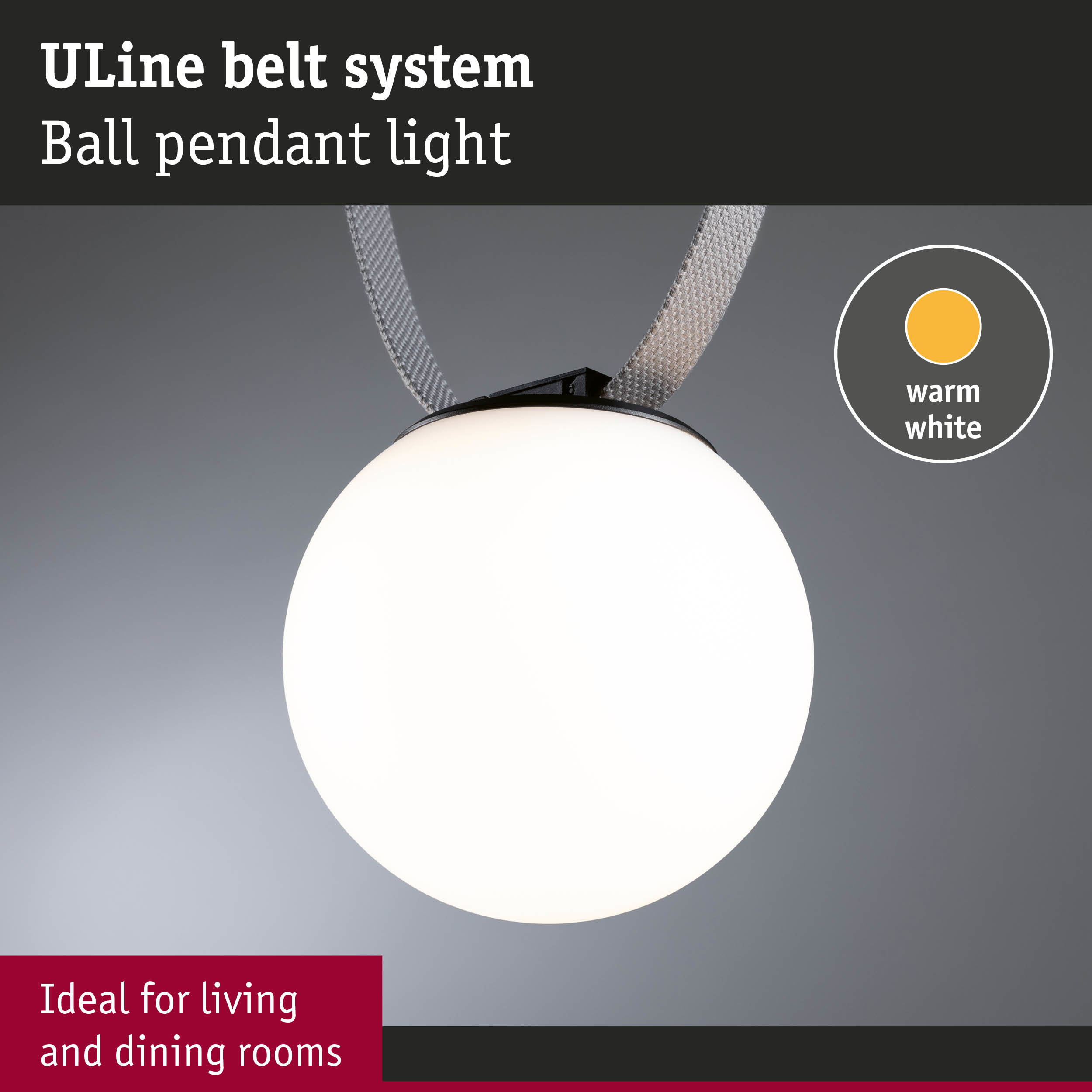 Lampada a sospensione rotonda su cinturino in tessuto grigio su sfondo grigio con testo ULine belt system Ball pendant light.