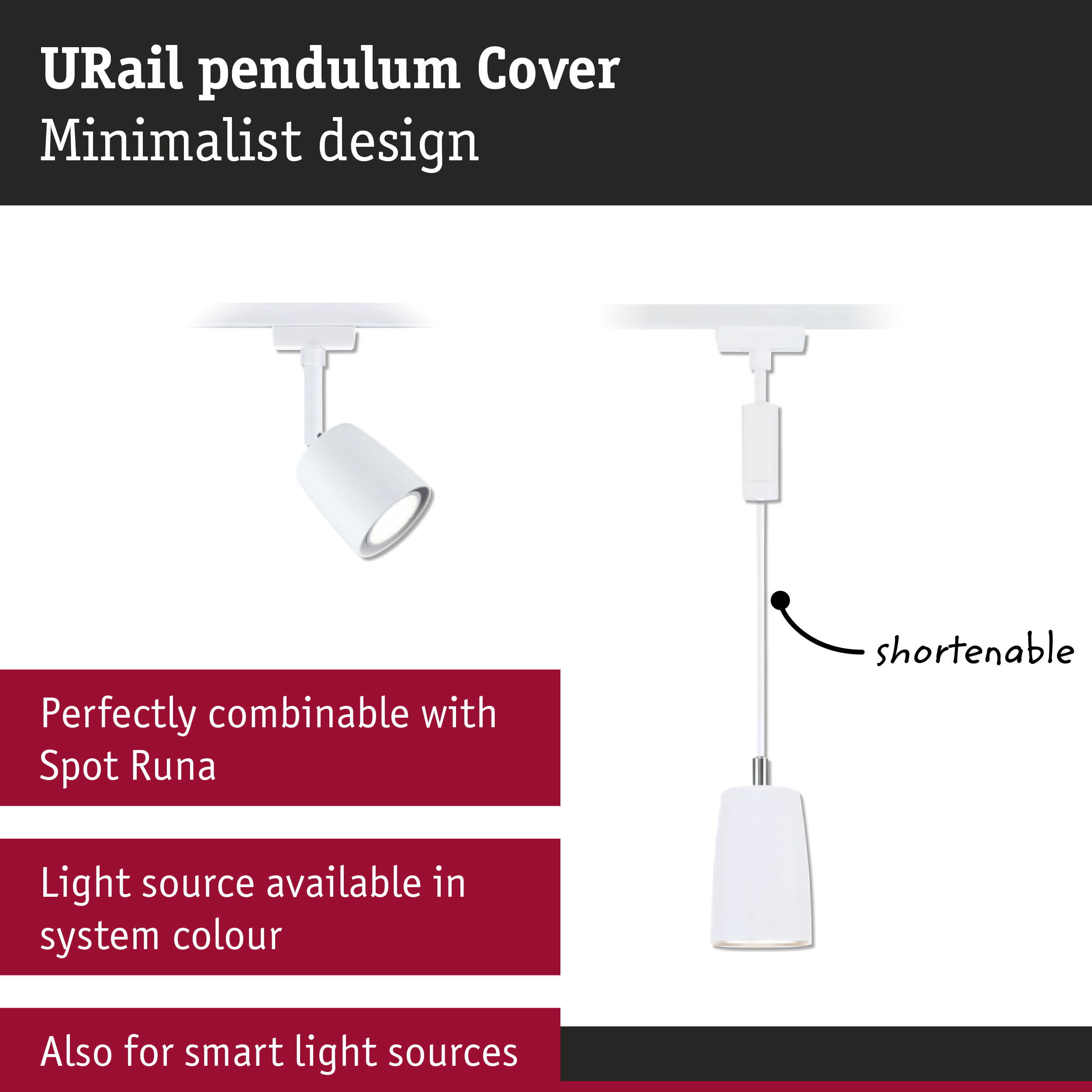 URail Pendelabdeckung mit minimalistischem Design, Spot und kürzbarem Pendel.