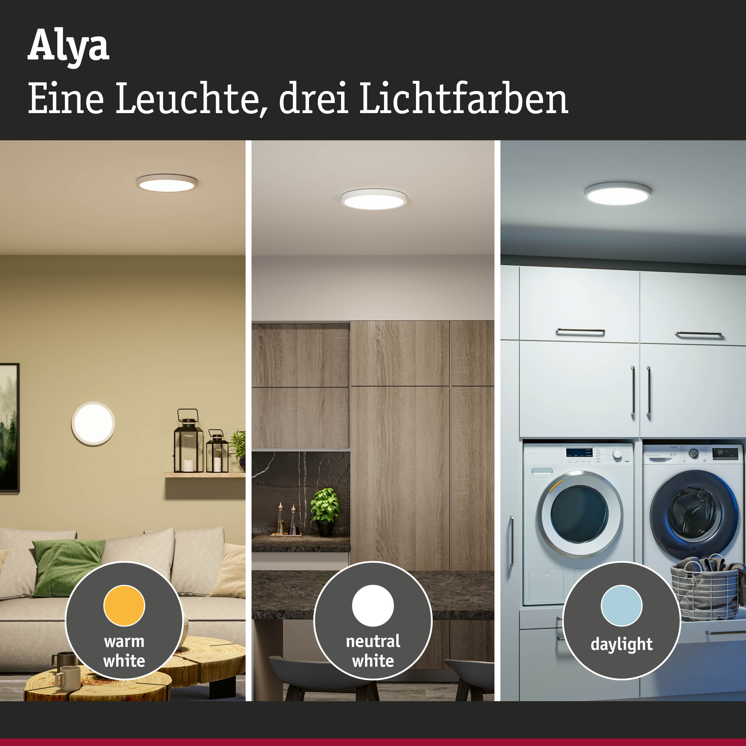Lampa sufitowa Alya prezentuje trzy barwy światła: ciepłą, neutralną i dzienną w różnych pomieszczeniach.