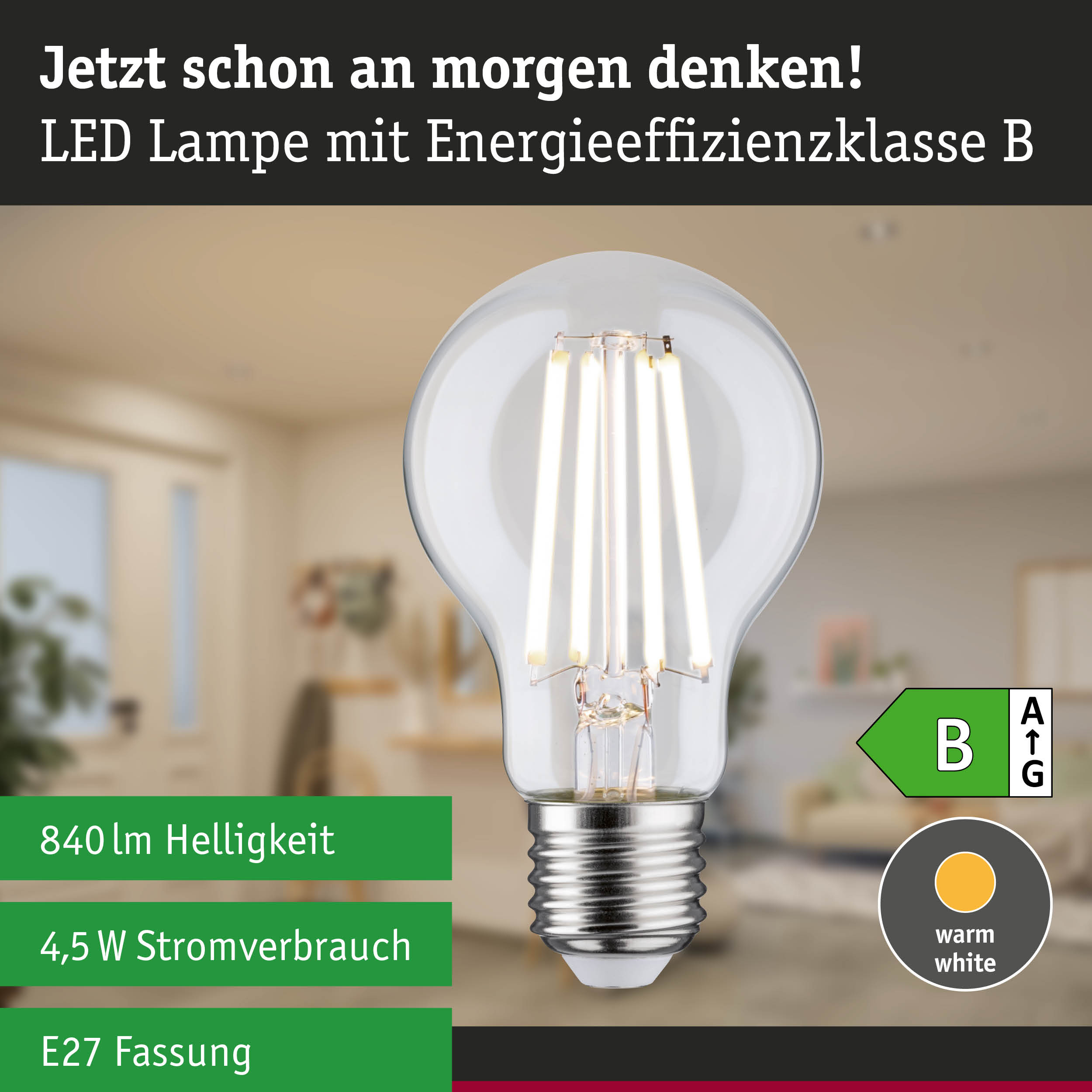 LED-Lampe mit Energieklasse B, 840 lm, 4,5 W, E27, warmweißem Licht vor verschwommenem Hintergrund.