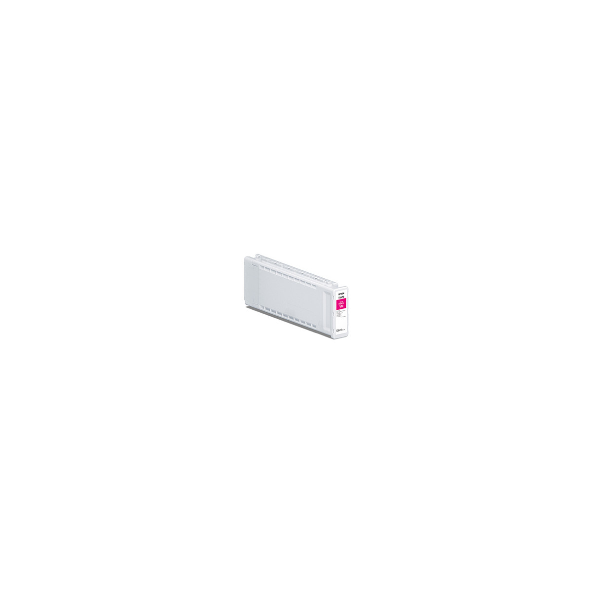 Una cartuccia d'inchiostro Epson bianca con etichetta magenta su sfondo bianco.