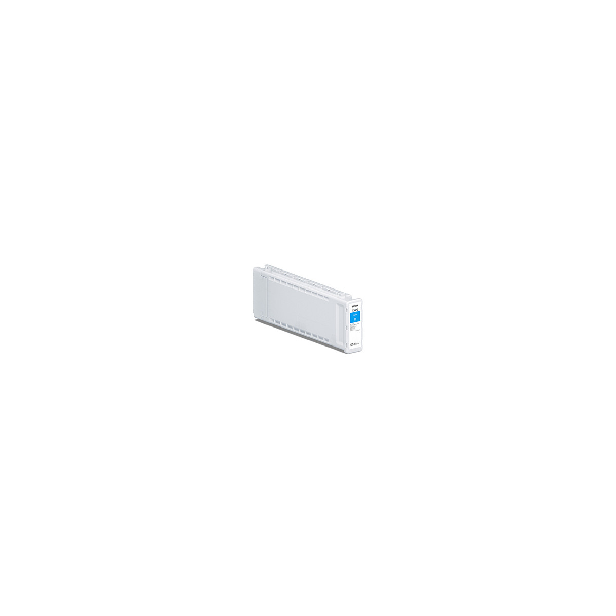 Una cartuccia d'inchiostro Epson bianca e allungata con etichetta blu a destra su sfondo bianco.