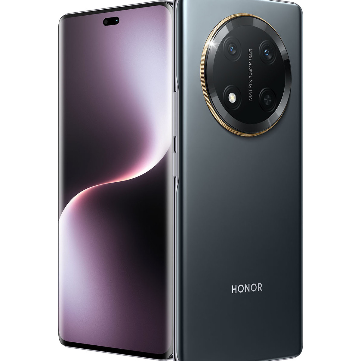 Front- und Rückseite eines dunklen Honor-Smartphones mit großem runden Kamera-Modul und geschwungenem Display.