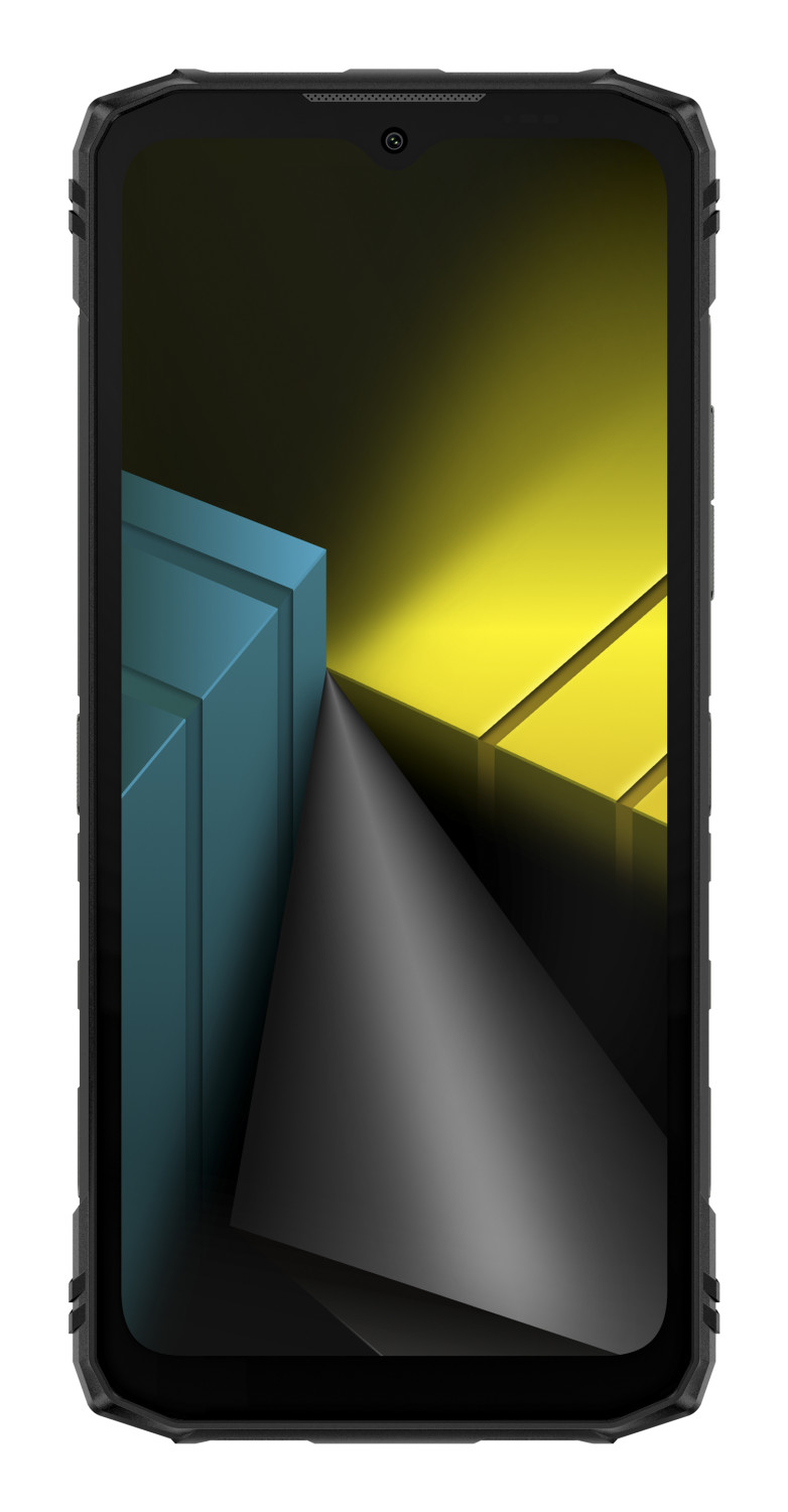 Un smartphone negro resistente con un fondo de pantalla geométrico amarillo y azul.
