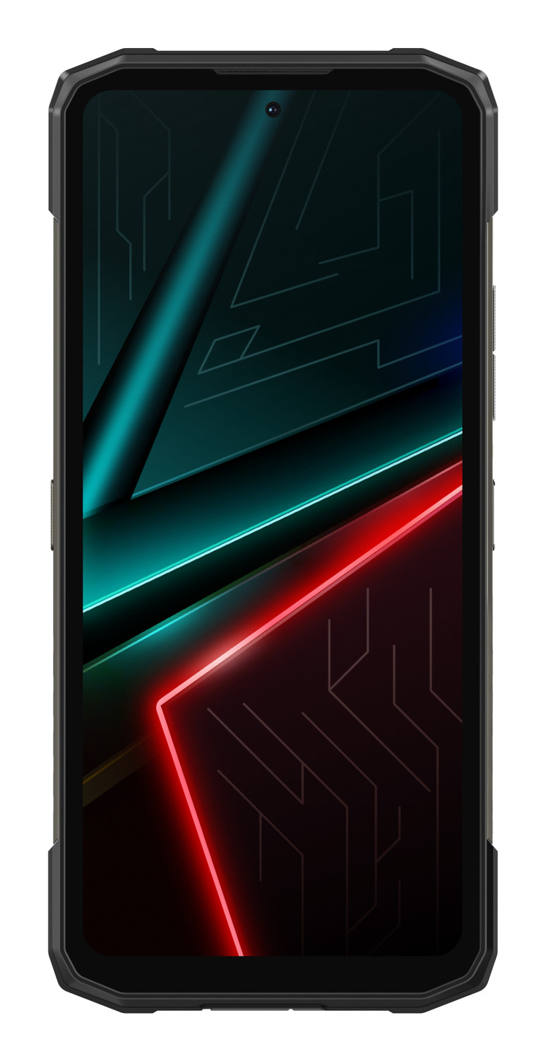 Un teléfono inteligente resistente en una funda negra con una pantalla que muestra líneas abstractas en verde azulado y rojo.
