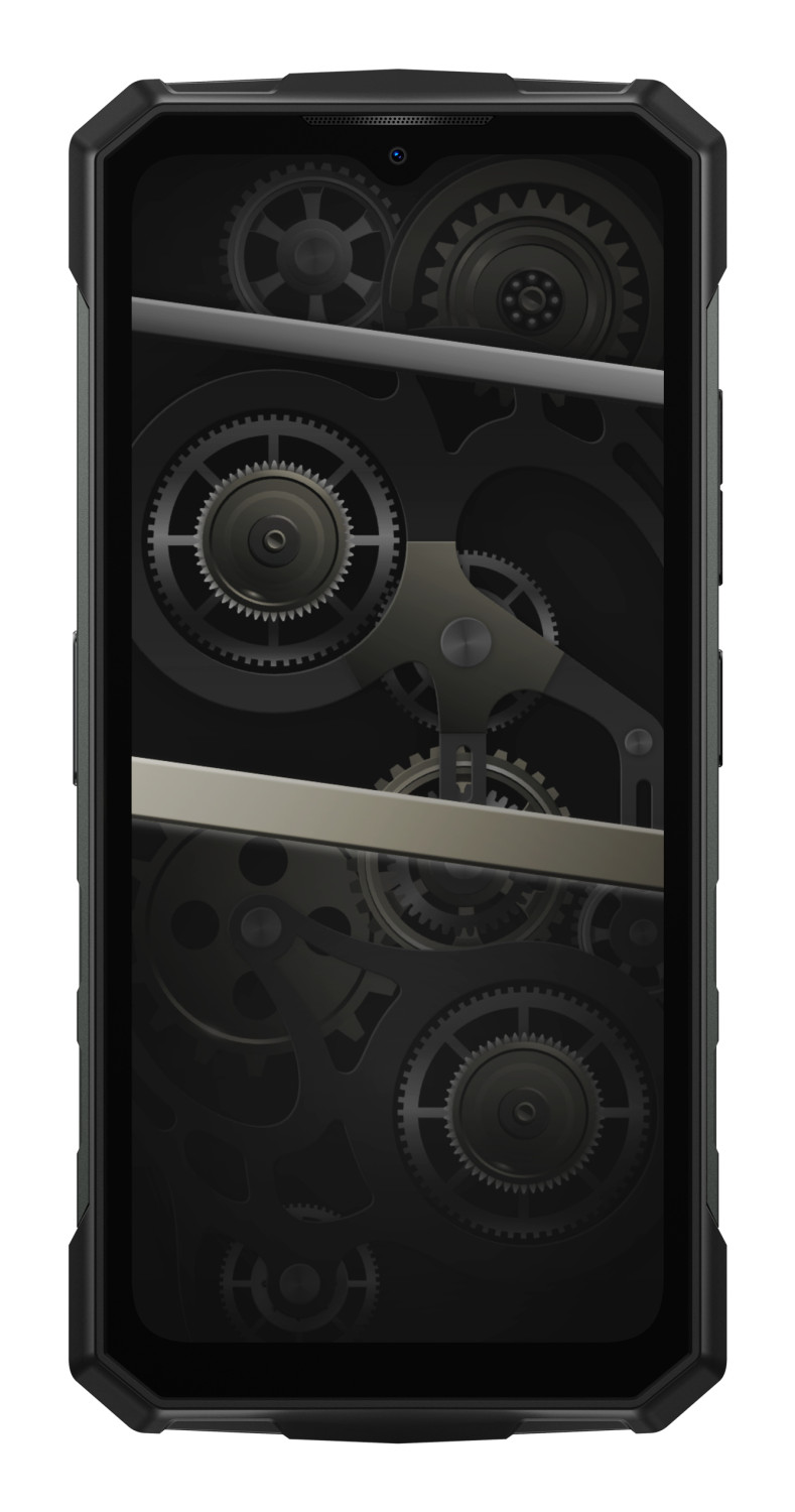 Wytrzymały czarny smartfon wyświetla na ekranie szczegółowy mechanizm przekładni zębatych.