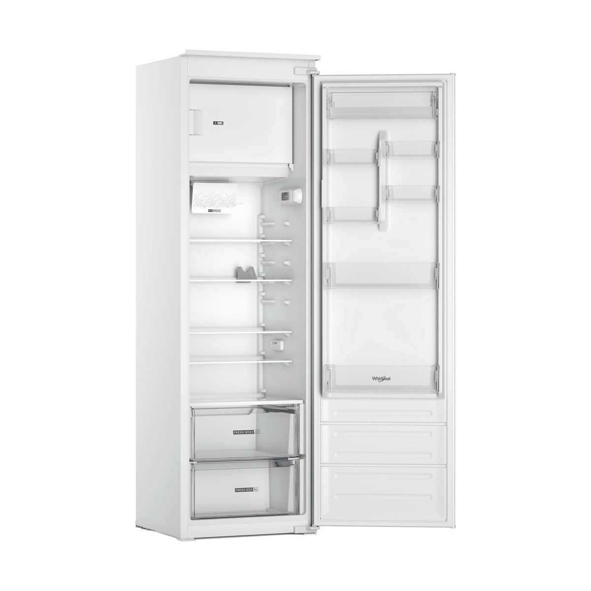 Un frigorifero da incasso bianco con porta aperta, ripiani in vetro, cassetti per verdura e balconcini.