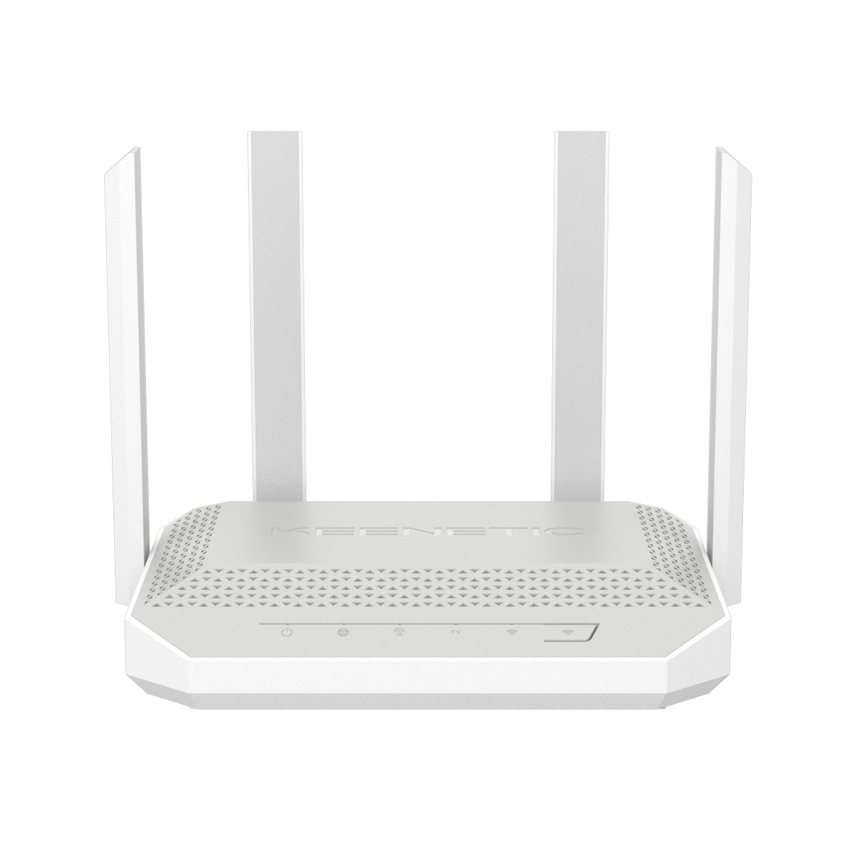 Ein weißer WLAN-Router mit vier aufrechten Antennen und Statusleuchten an der Vorderseite vor weißem Hintergrund.