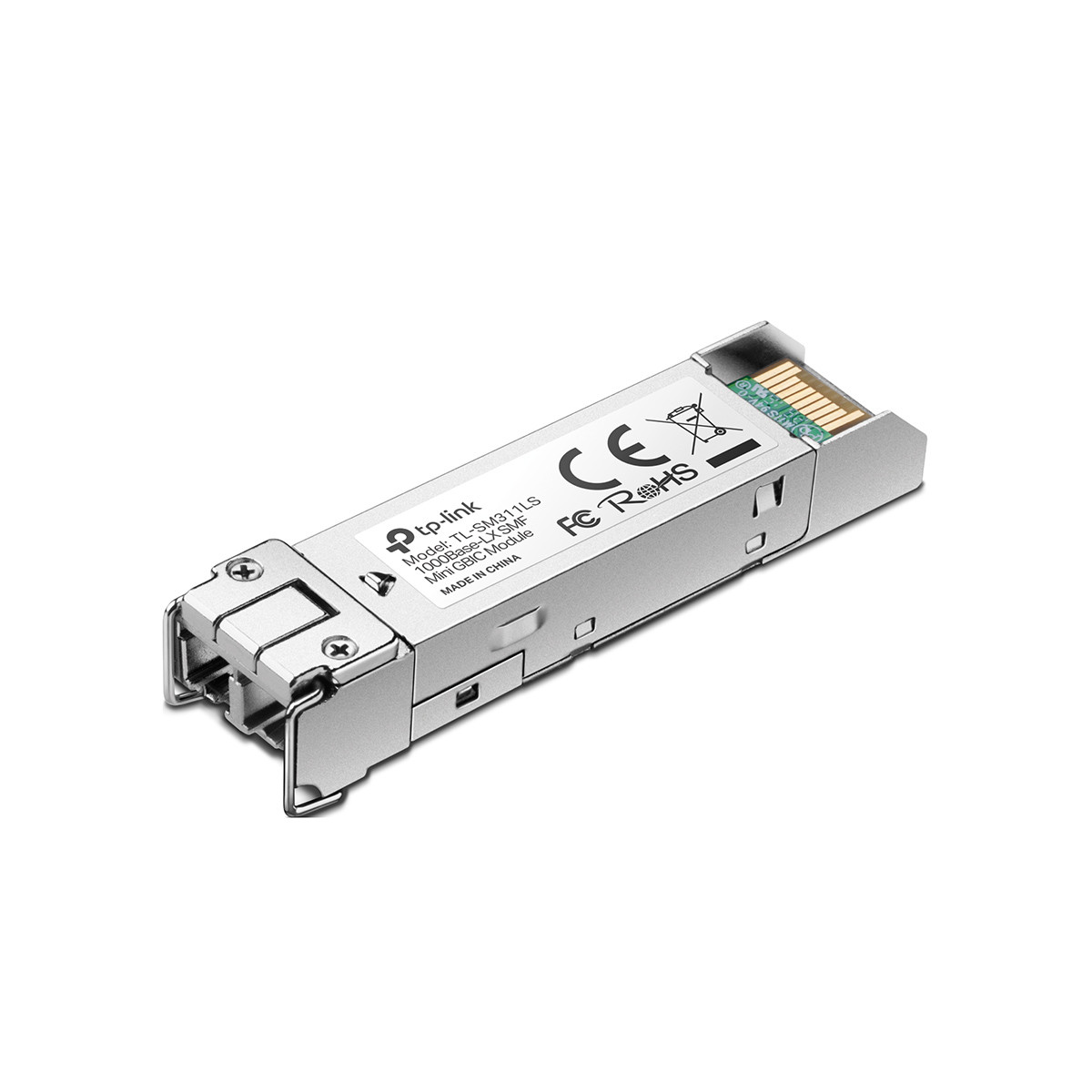 Beyaz arka planda etiketli ve altın rengi konnektör pinli gümüş renkli TP-Link SFP alıcı-verici modülü.