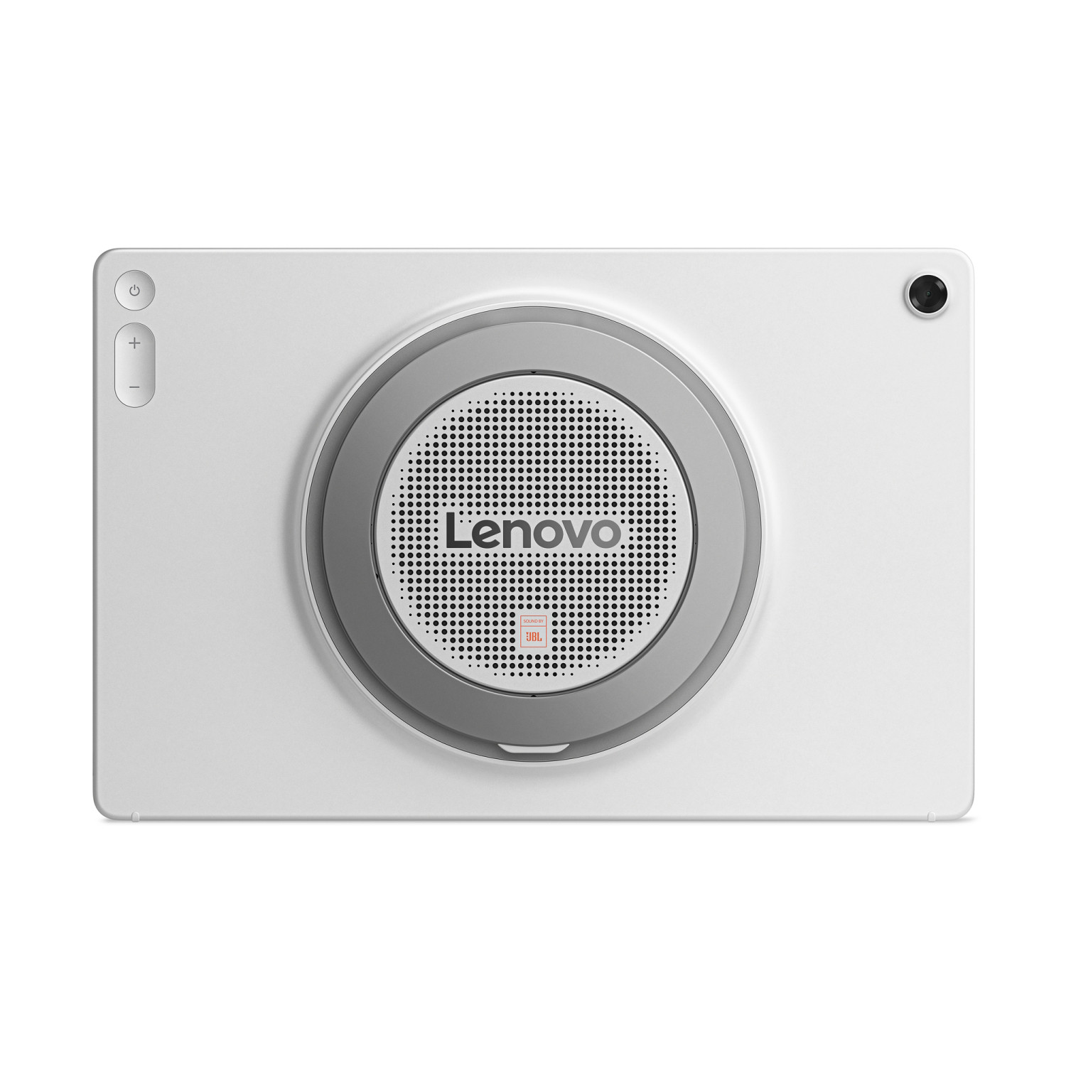 Rückseite eines weißen Lenovo Tablets mit integriertem runden JBL-Lautsprecher in der Mitte und einer Kamera.