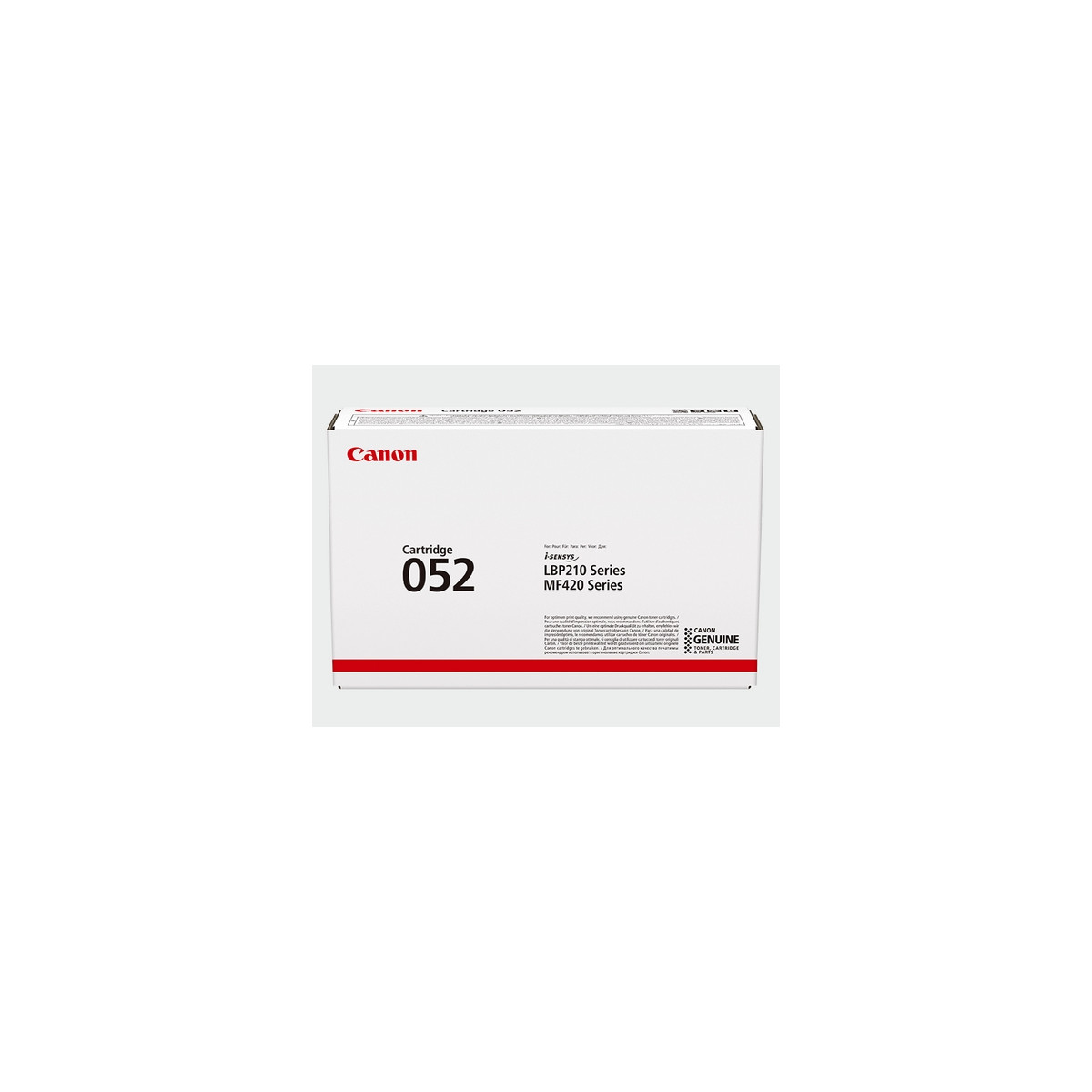 Una caja blanca de cartucho Canon 052 con una raya roja y el logotipo de Canon sobre fondo claro.
