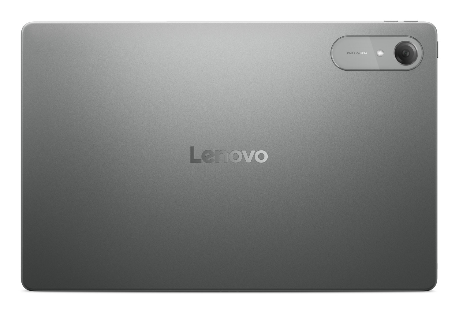 Il retro grigio di un tablet Lenovo con una fotocamera in alto a destra e il logo Lenovo al centro.