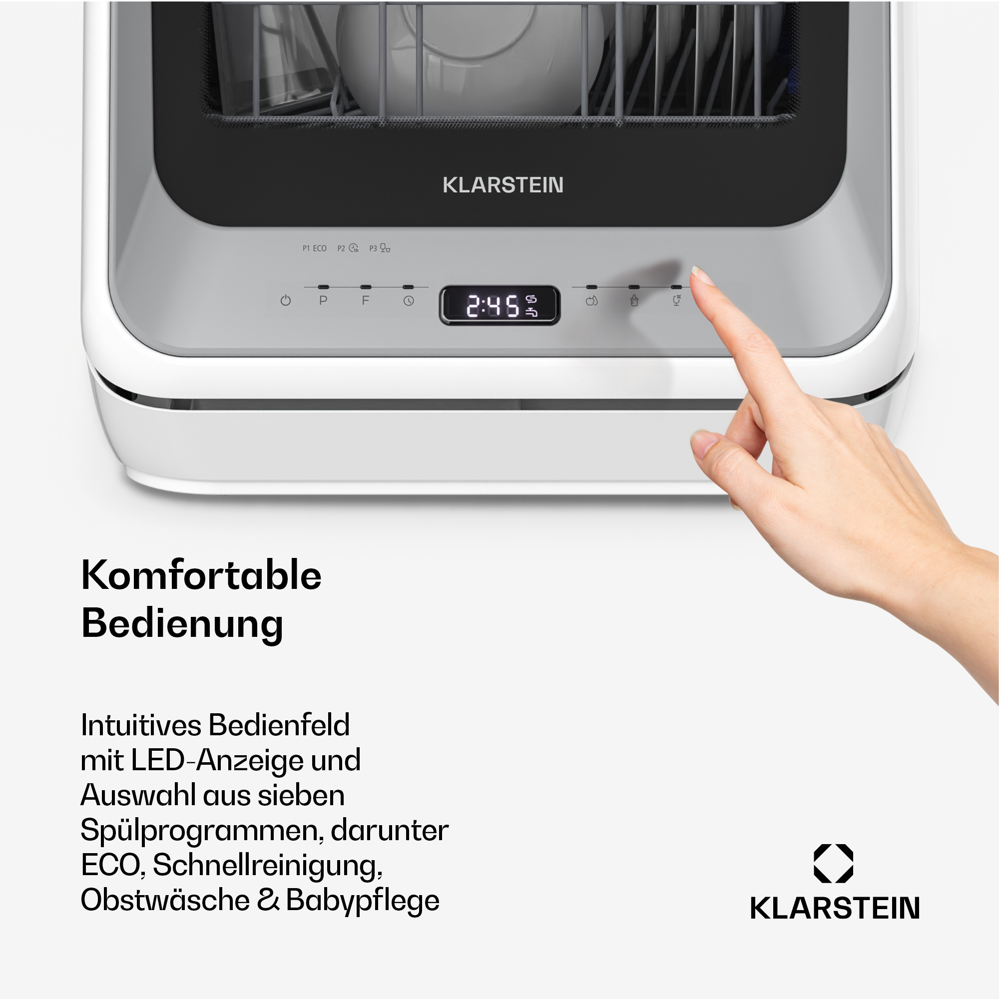 Mano che aziona il pannello di controllo touch LED di una lavastoviglie Klarstein.