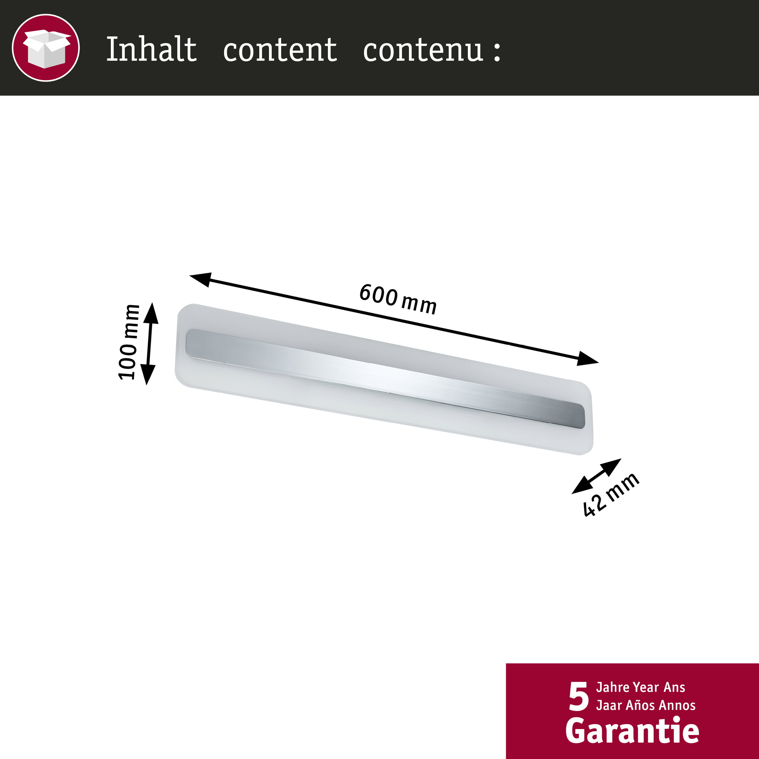Diagramm einer Wandleuchte mit Maßen: 600 mm Länge, 100 mm Höhe, 42 mm Tiefe und 5 Jahren Garantie.