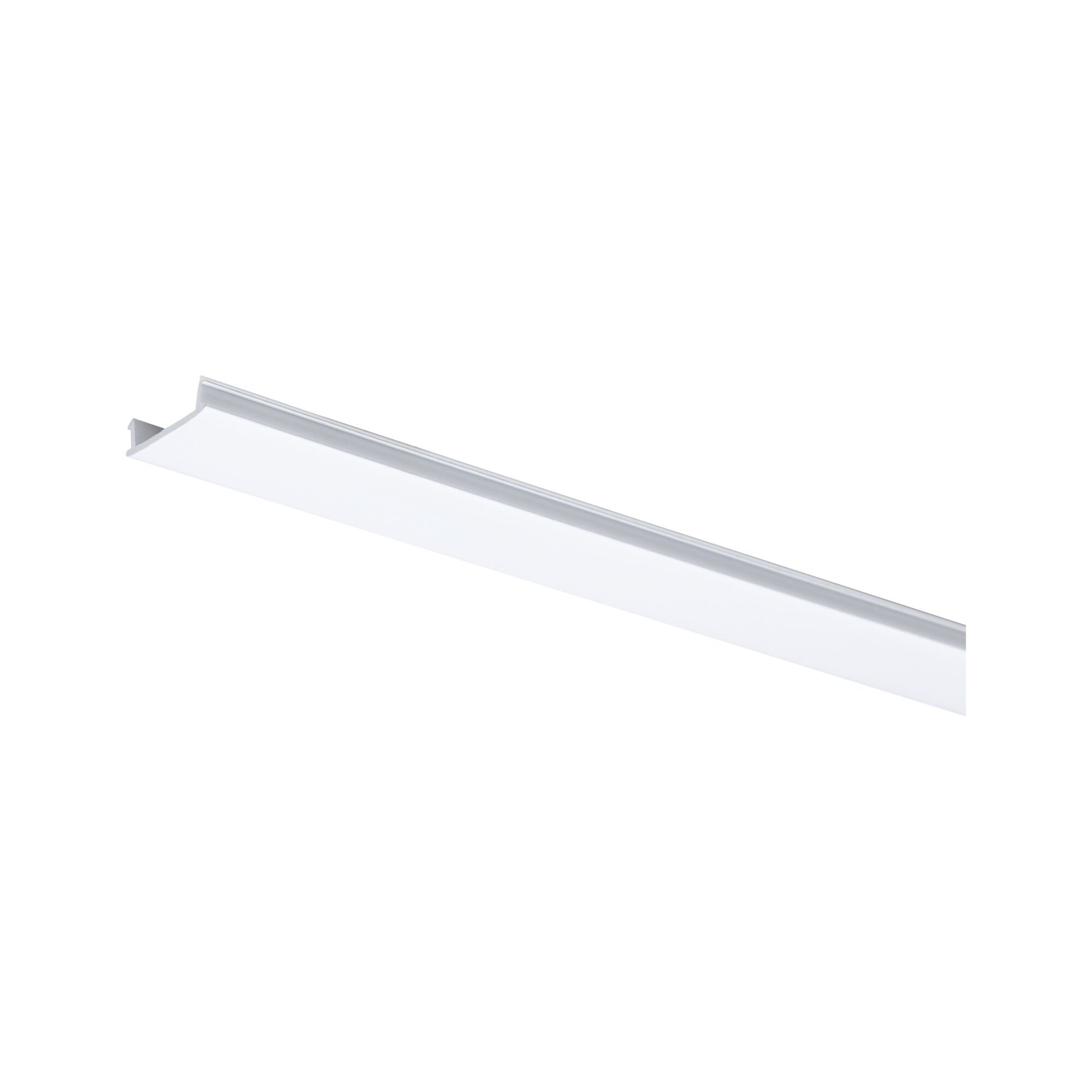 Langes weißes Aluminiumprofil für LED-Streifen auf weißem Hintergrund.