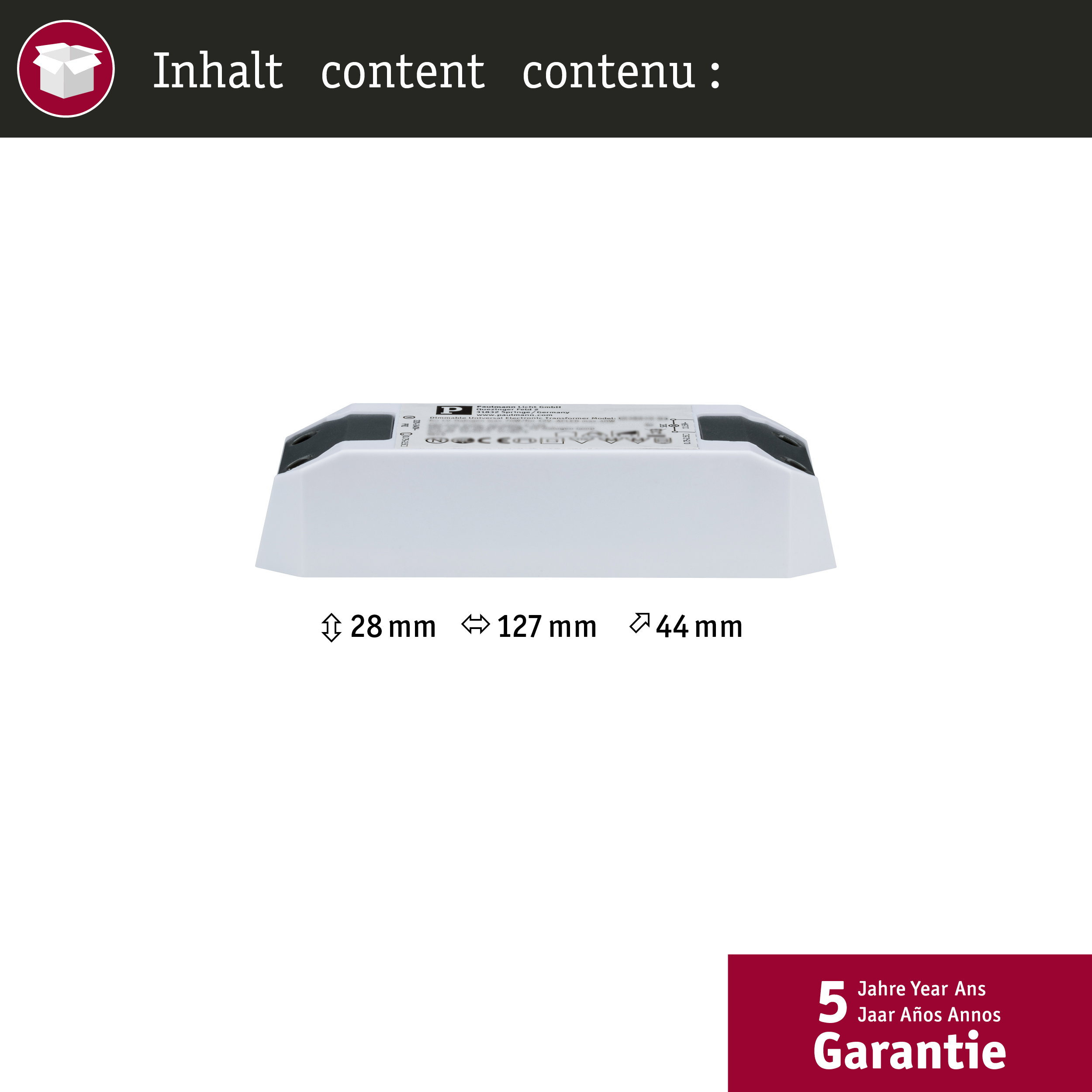 Biały transformator LED o wymiarach 28x127x44 mm z 5-letnią gwarancją.