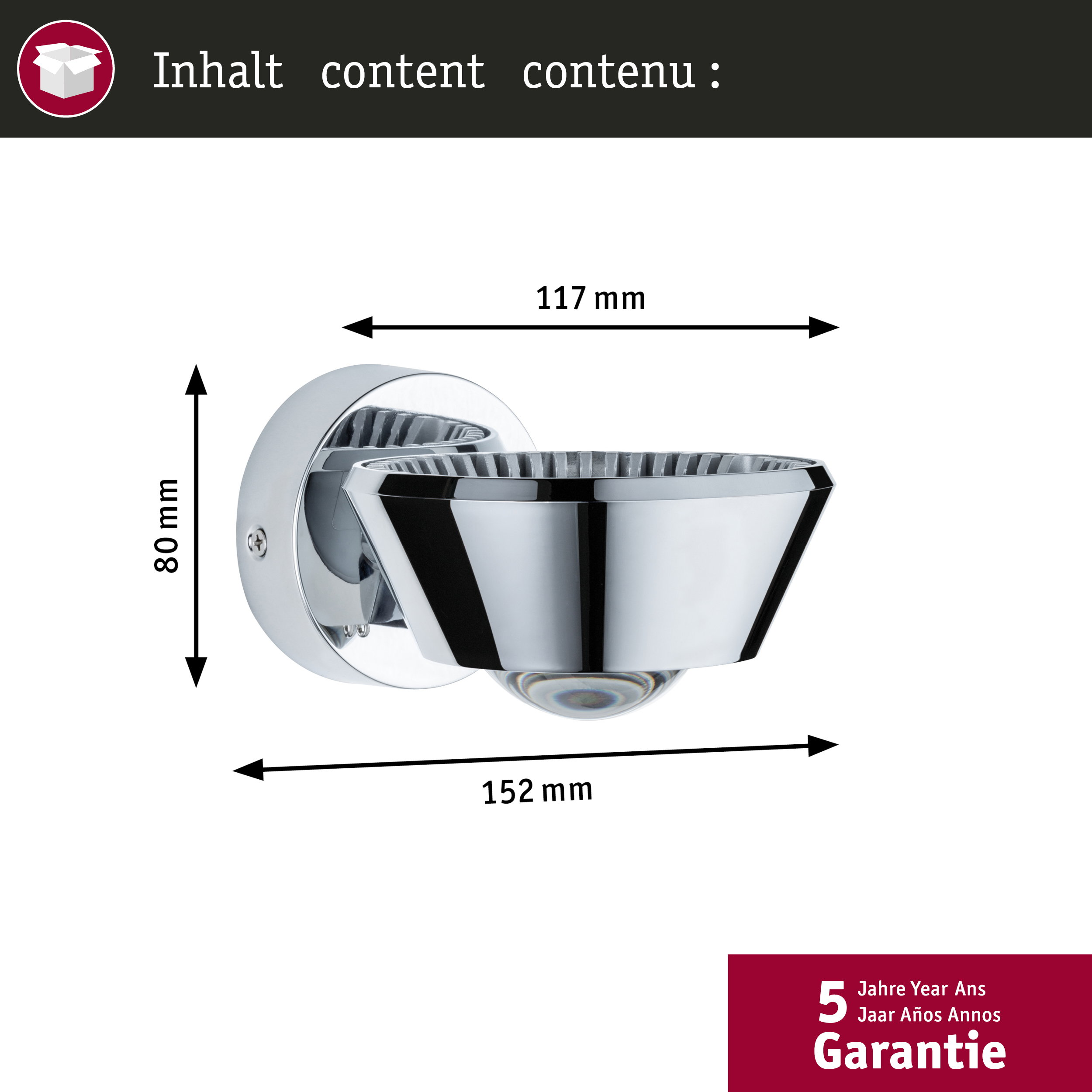 Technische Zeichnung einer chromfarbenen Wandleuchte mit Bemaßungen von 80x117x152 mm und 5 Jahren Garantie.