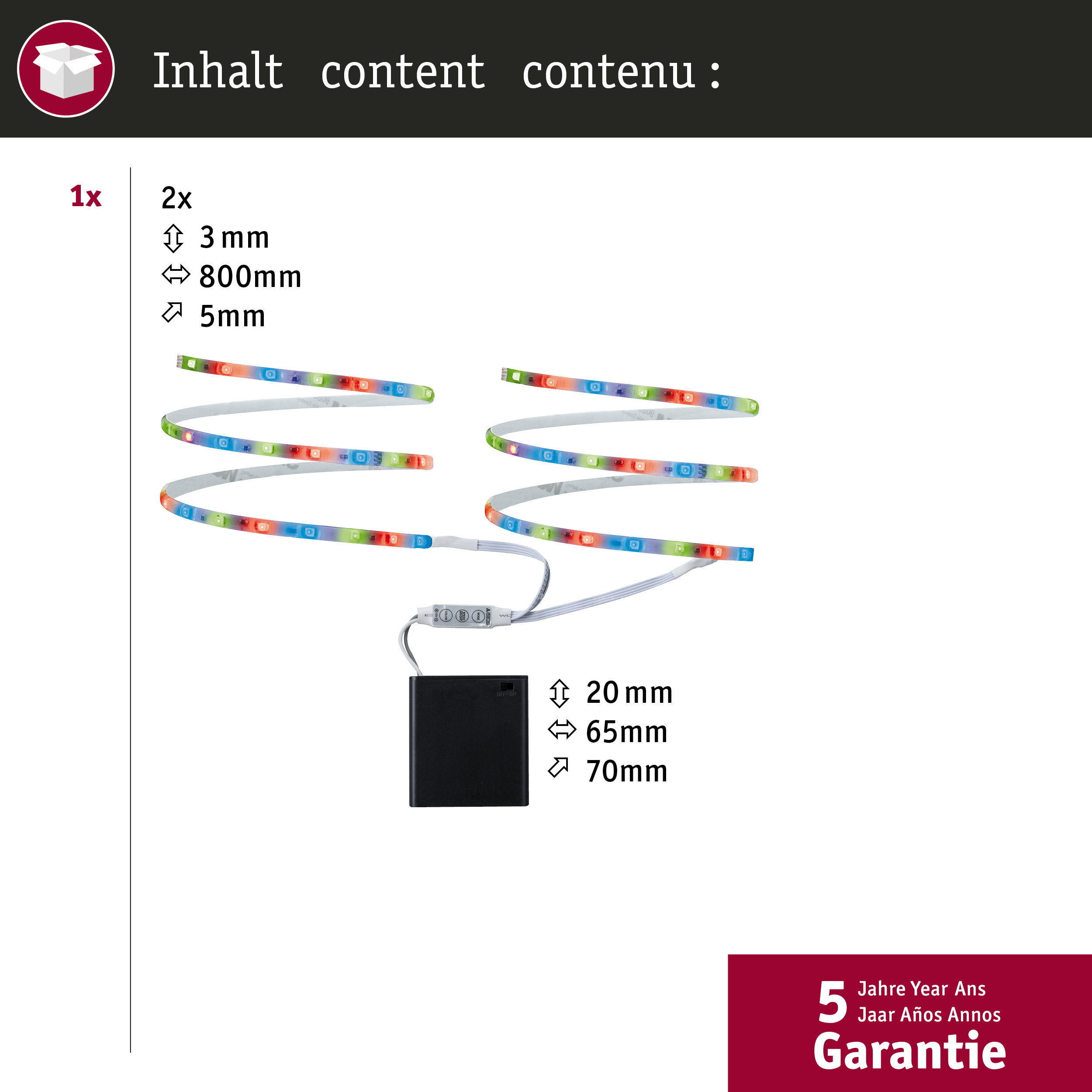 Produktinhalt: zwei LED-Streifen, Maße, Controller und ein schwarzes Batteriegehäuse, mit 5 Jahren Garantie.