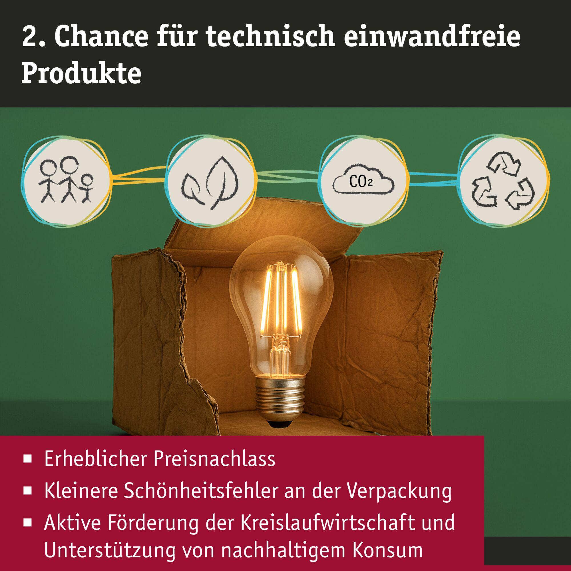 Eine Glühbirne in einer offenen Pappschachtel vor grünem Hintergrund mit vier Symbolen und Text.