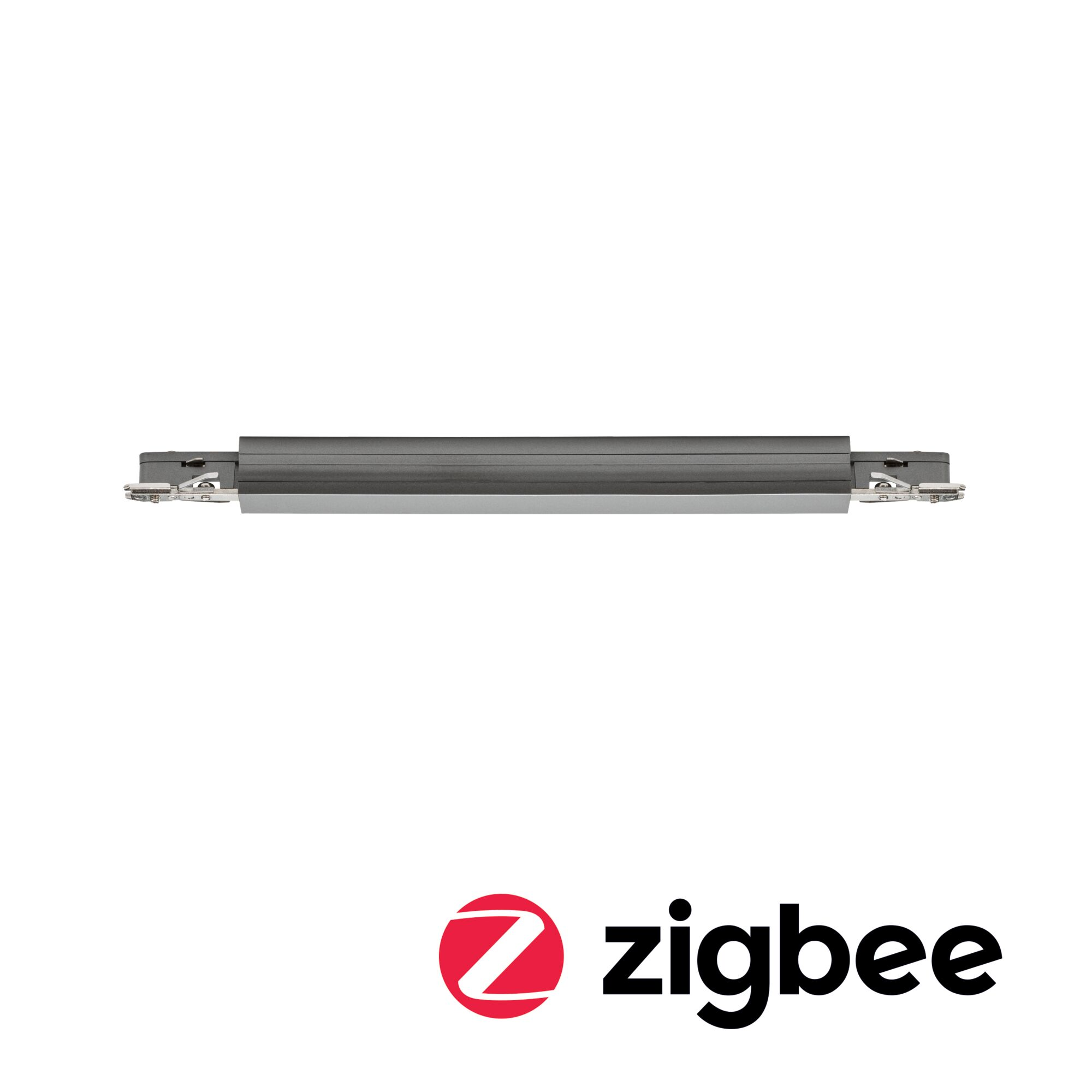 Graues elektronisches Zigbee-Gerät auf weißem Hintergrund mit Logo.