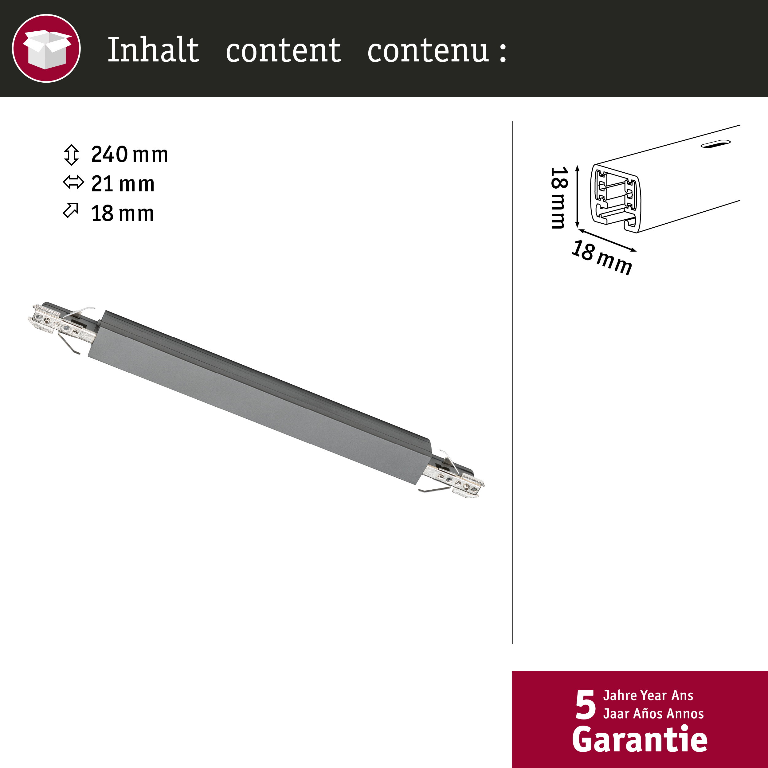 Technische Zeichnung einer Schiene mit Maßen, 240x21x18 mm, und 5 Jahren Garantie.