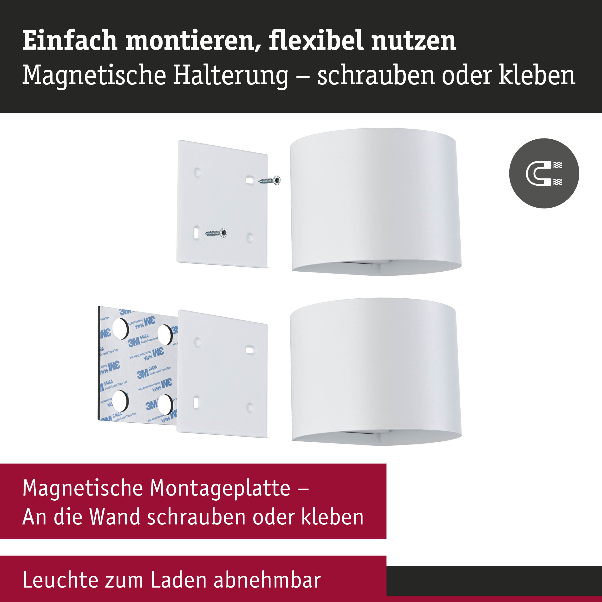 Biała lampa ścienna z płytką montażową na magnes, na wkręty lub klej, łatwo zdejmowana.