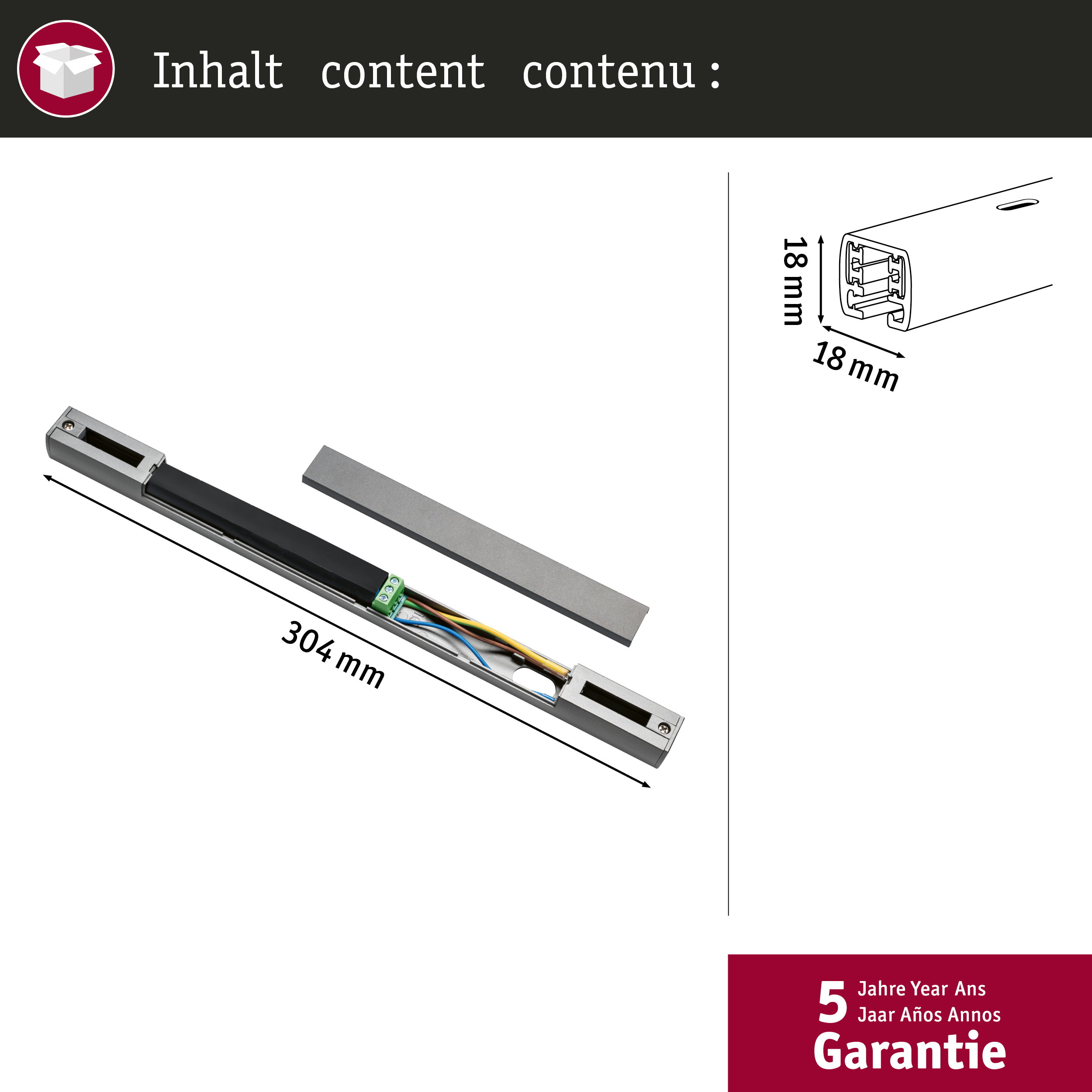 Technische Zeichnung und Maße eines 304 mm langen grauen LED-Profils mit Abdeckung und Anschlusskabeln.