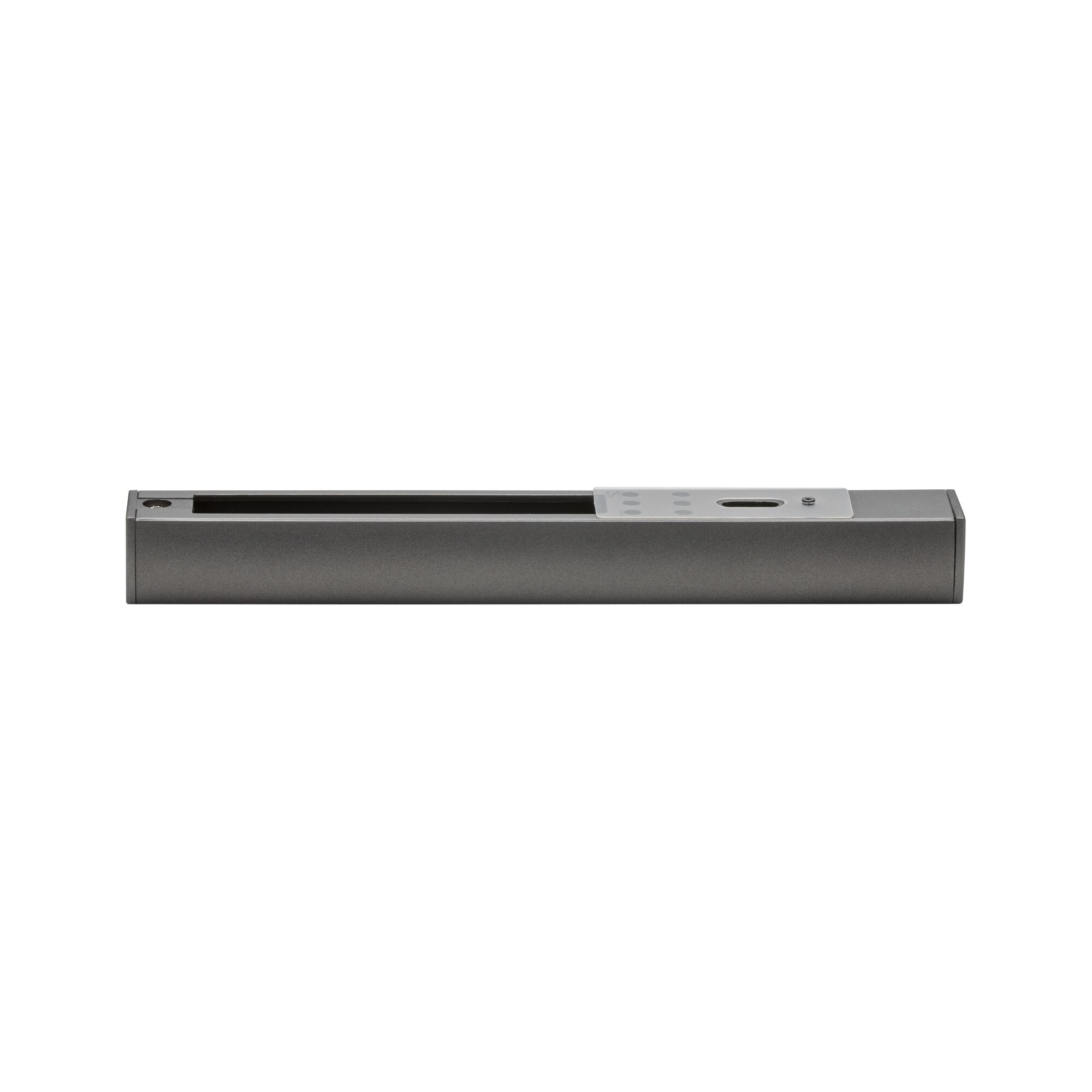 Eine graue längliche Metallleiste mit Schienenöffnung und transparentem Deckel auf weißem Hintergrund.