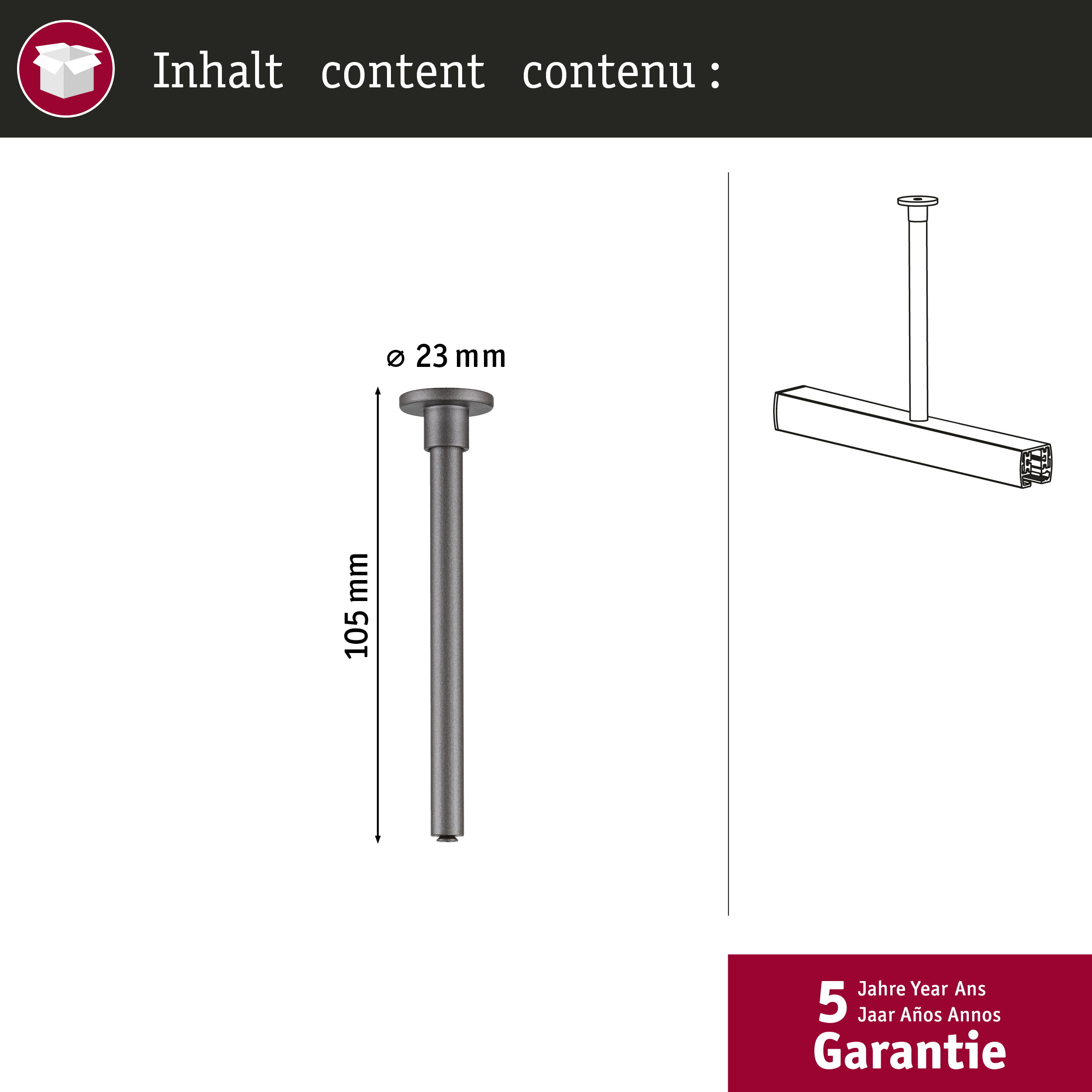 Technische Zeichnung eines 105 mm langen und 23 mm breiten zylindrischen Metallstabs.