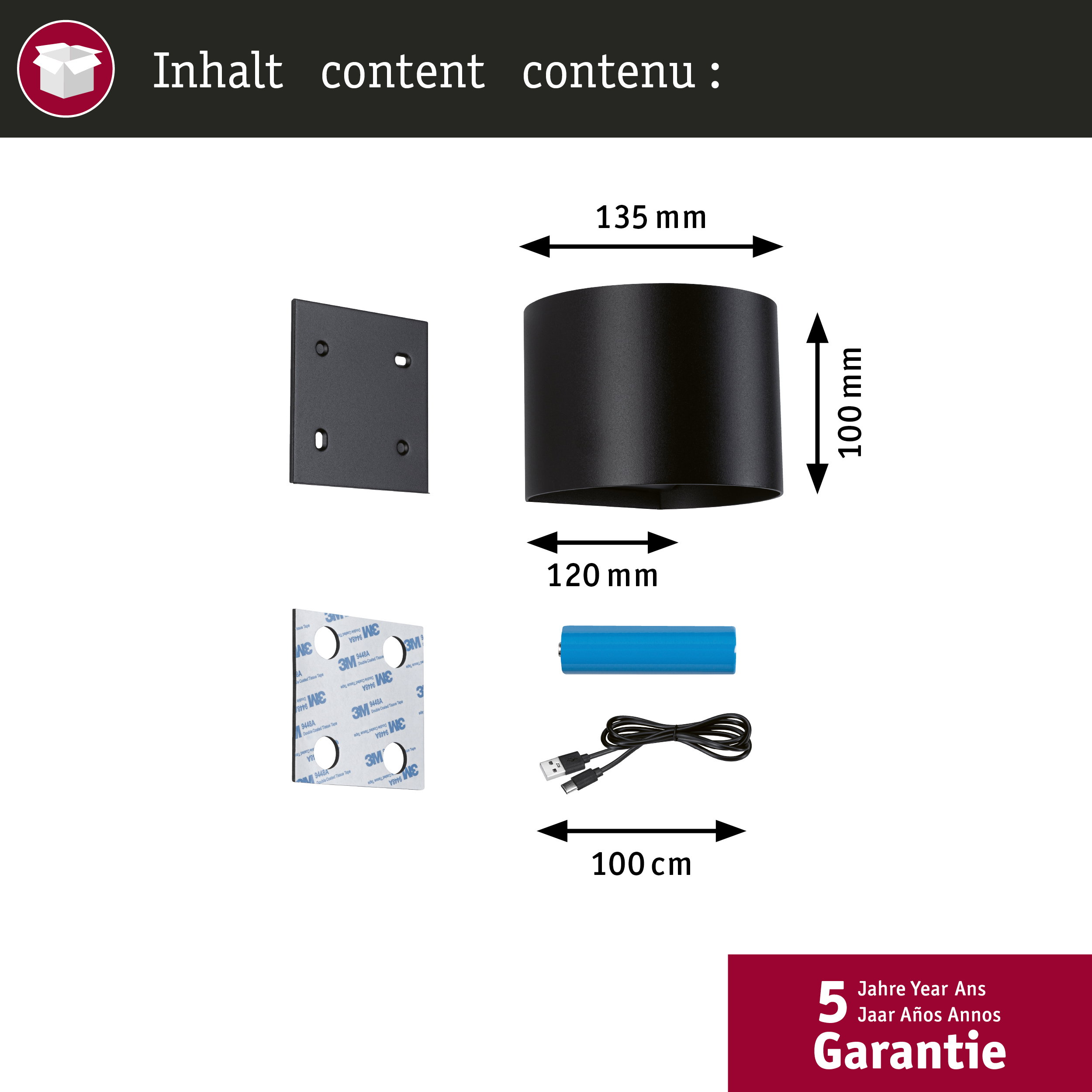 Schemat przedstawiający zawartość czarnej cylindrycznej lampy ściennej wraz z wymiarami, płytą montażową i kablem USB.