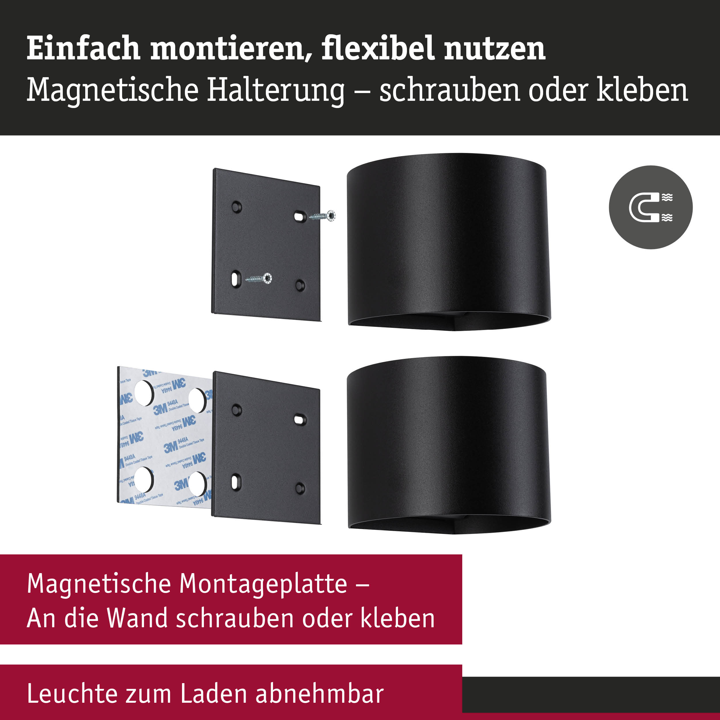 Dwa czarne magnetyczne płytki montażowe, jedna ze śrubami, druga z taśmą, z czarnymi lampami cylindrycznymi.