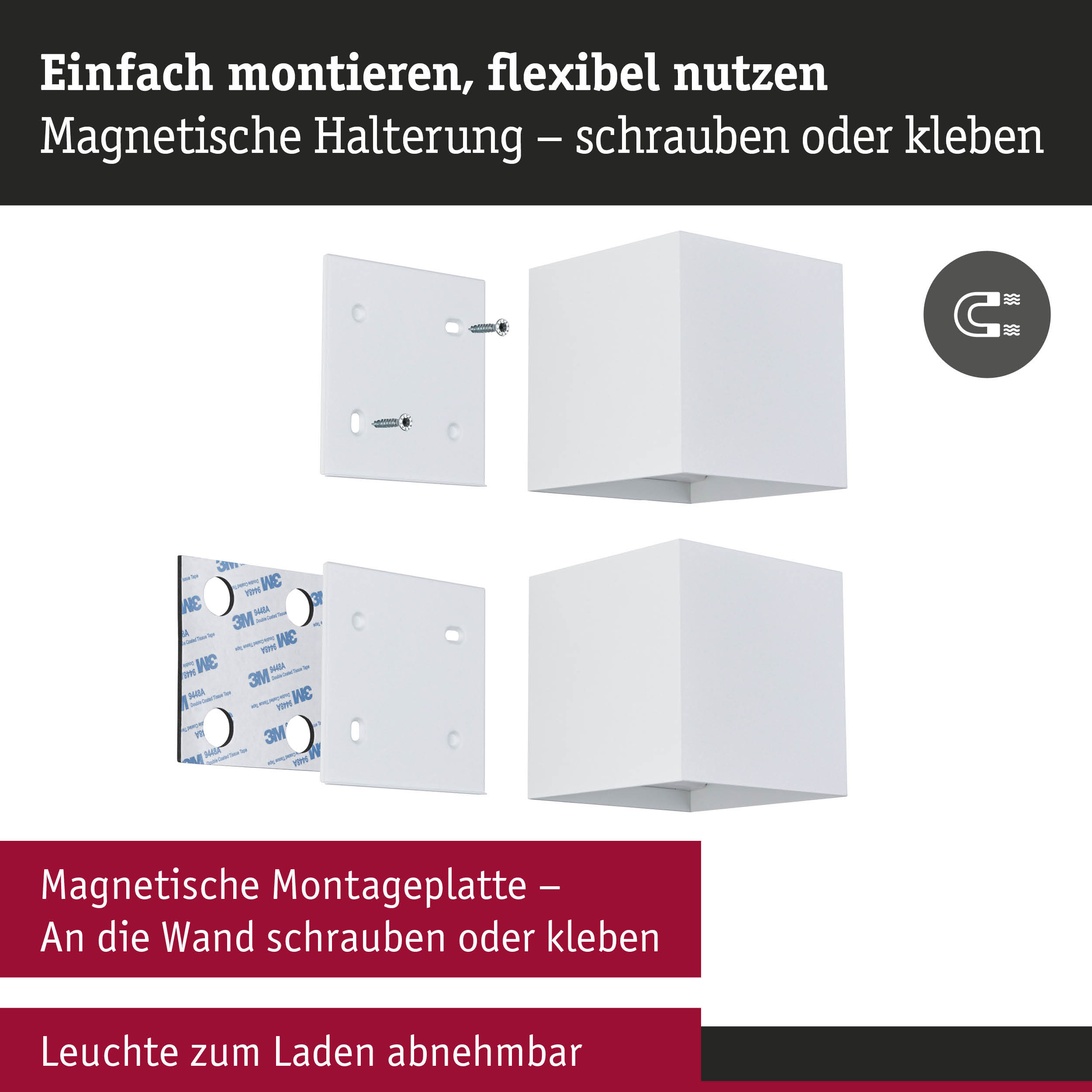 Grafika przedstawiająca magnetyczny montaż ścienny lampy za pomocą śrub lub taśmy.