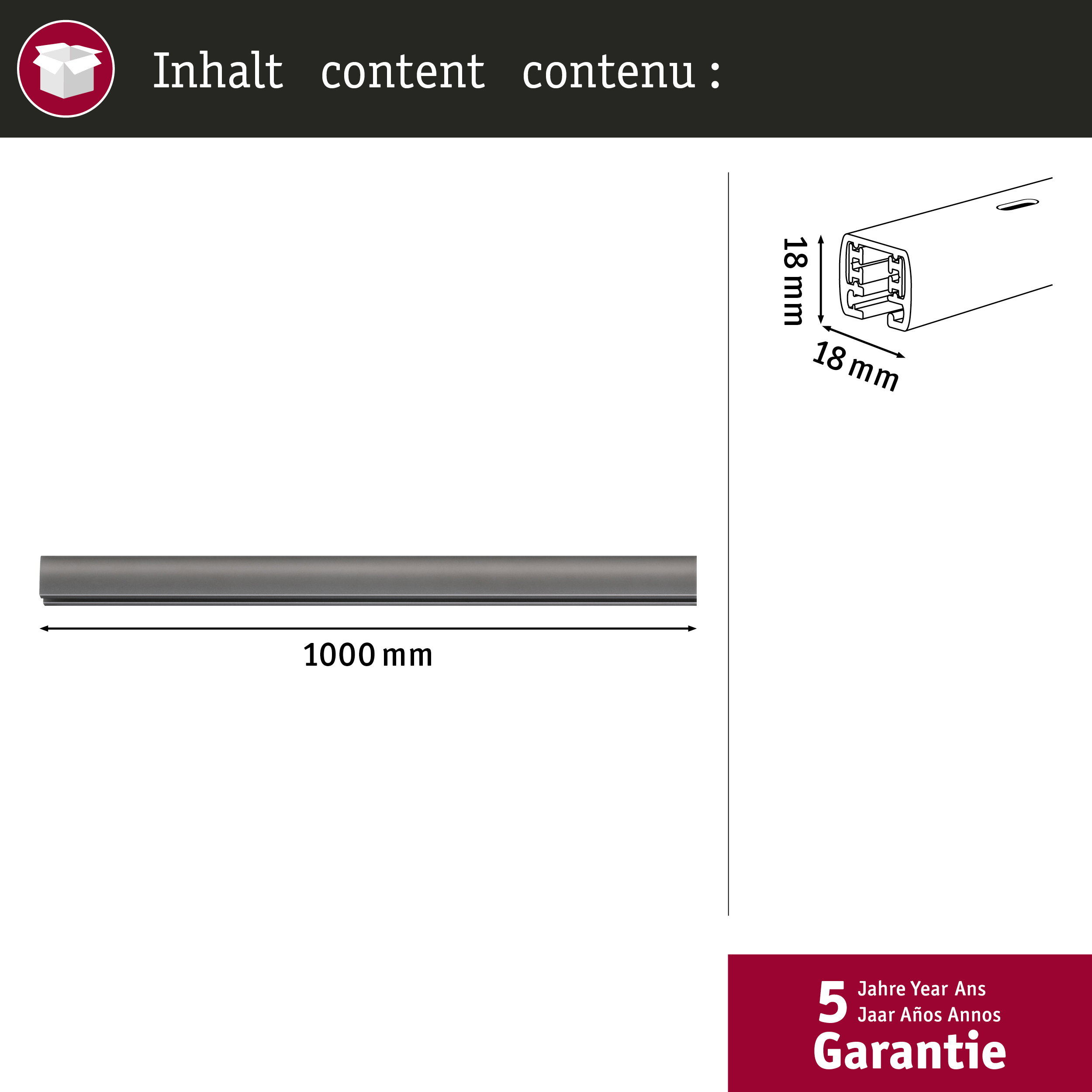 1000 mm langer, grauer Kabelkanal mit 18x18 mm Maßen und 5 Jahren Garantie.