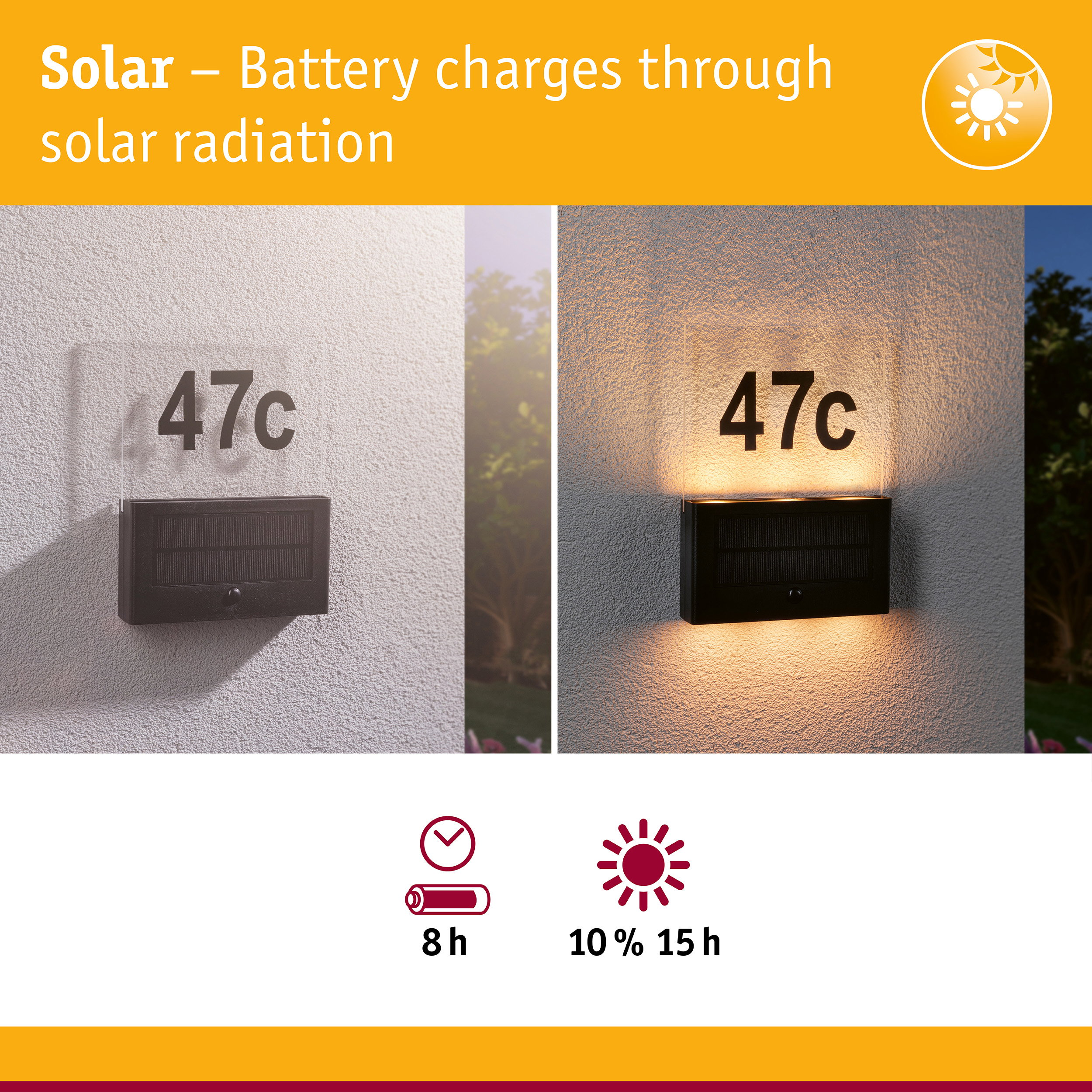 Solar-Hausnummer 47c lädt tagsüber und leuchtet nachts.