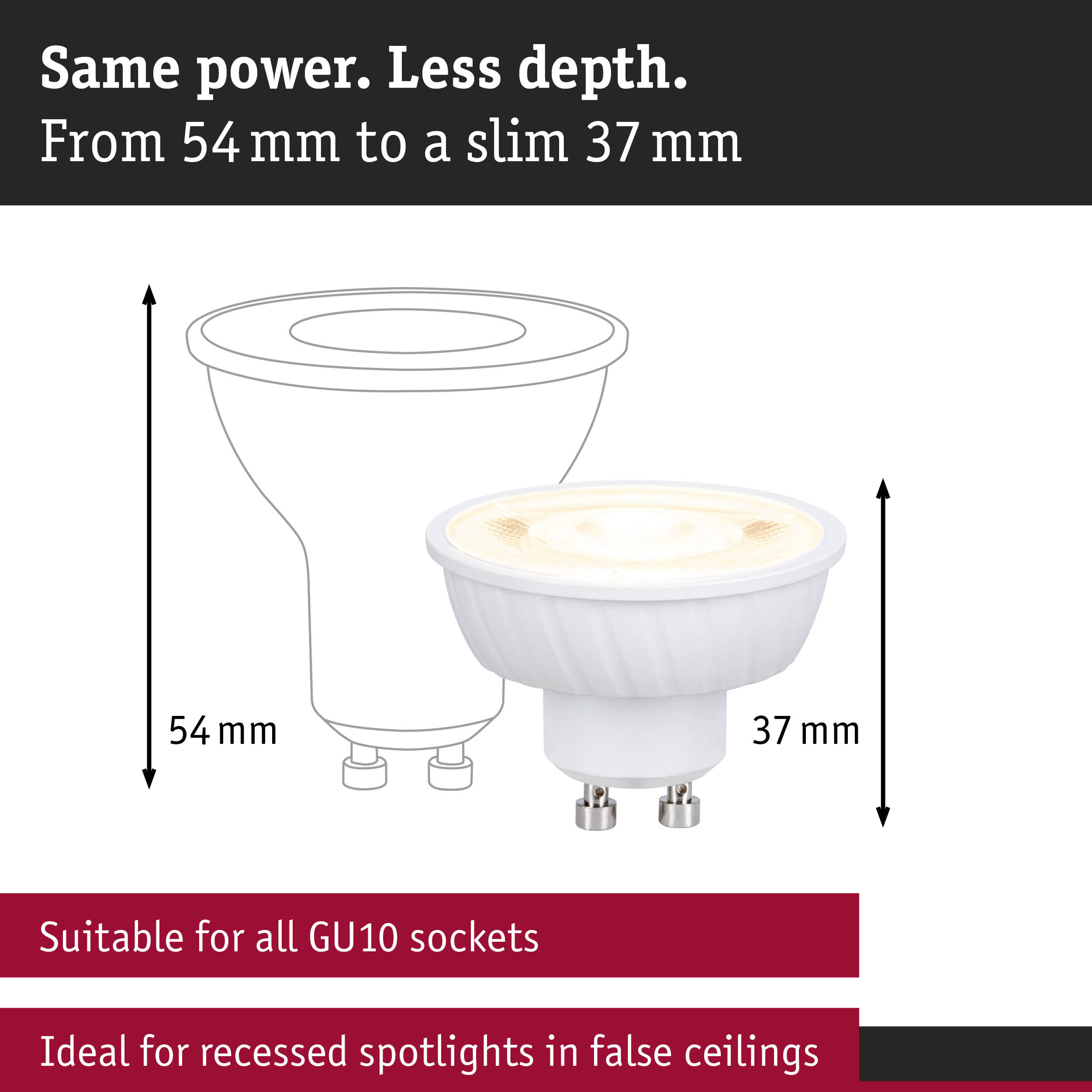 Porównanie dwóch żarówek LED GU10 o głębokości 54 mm i wąskiej 37 mm.
