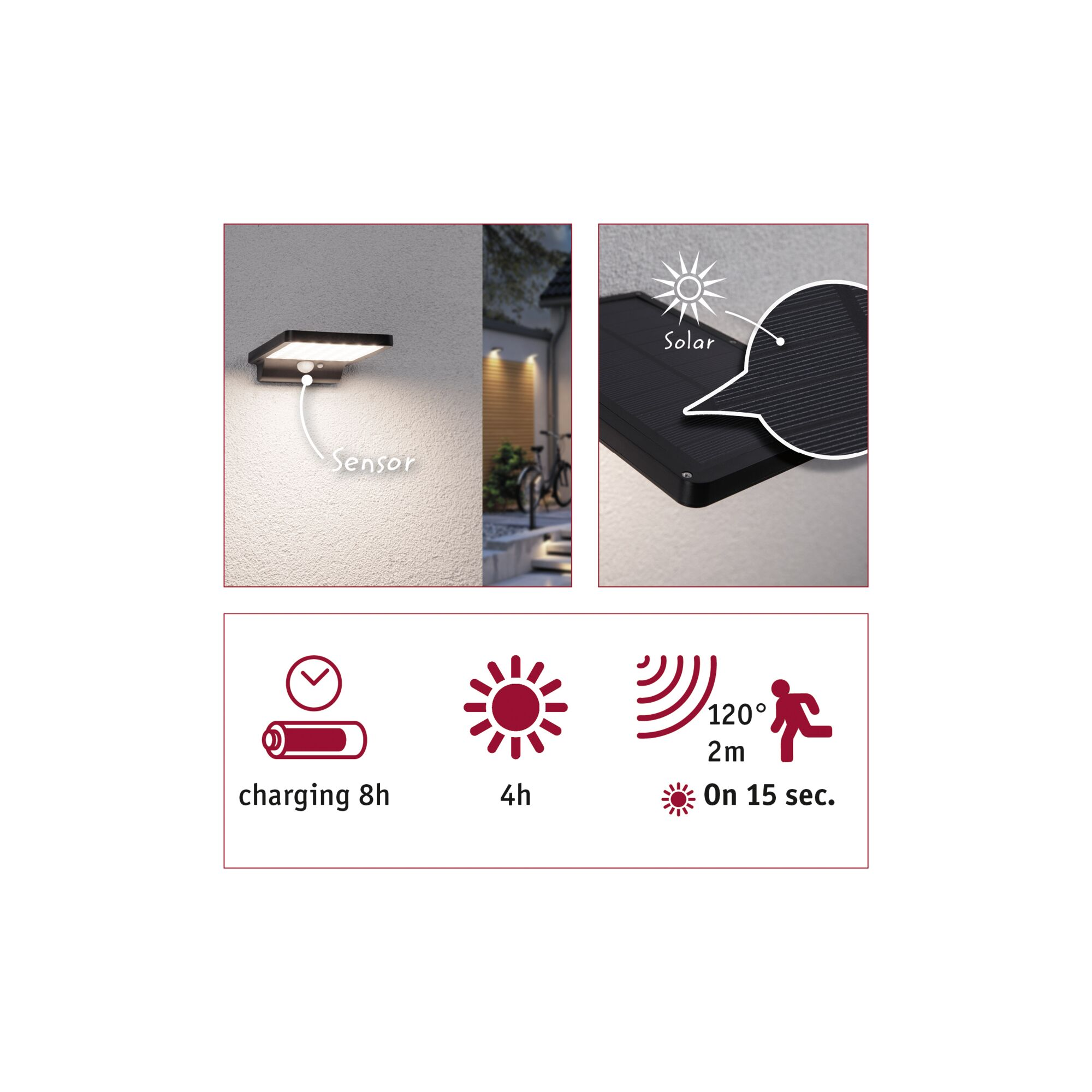 Infografik zeigt Solarlampe mit Sensor, Solarpanel, Ladezeit 8h, 4h Licht und 120 Grad Bewegungsmelder.