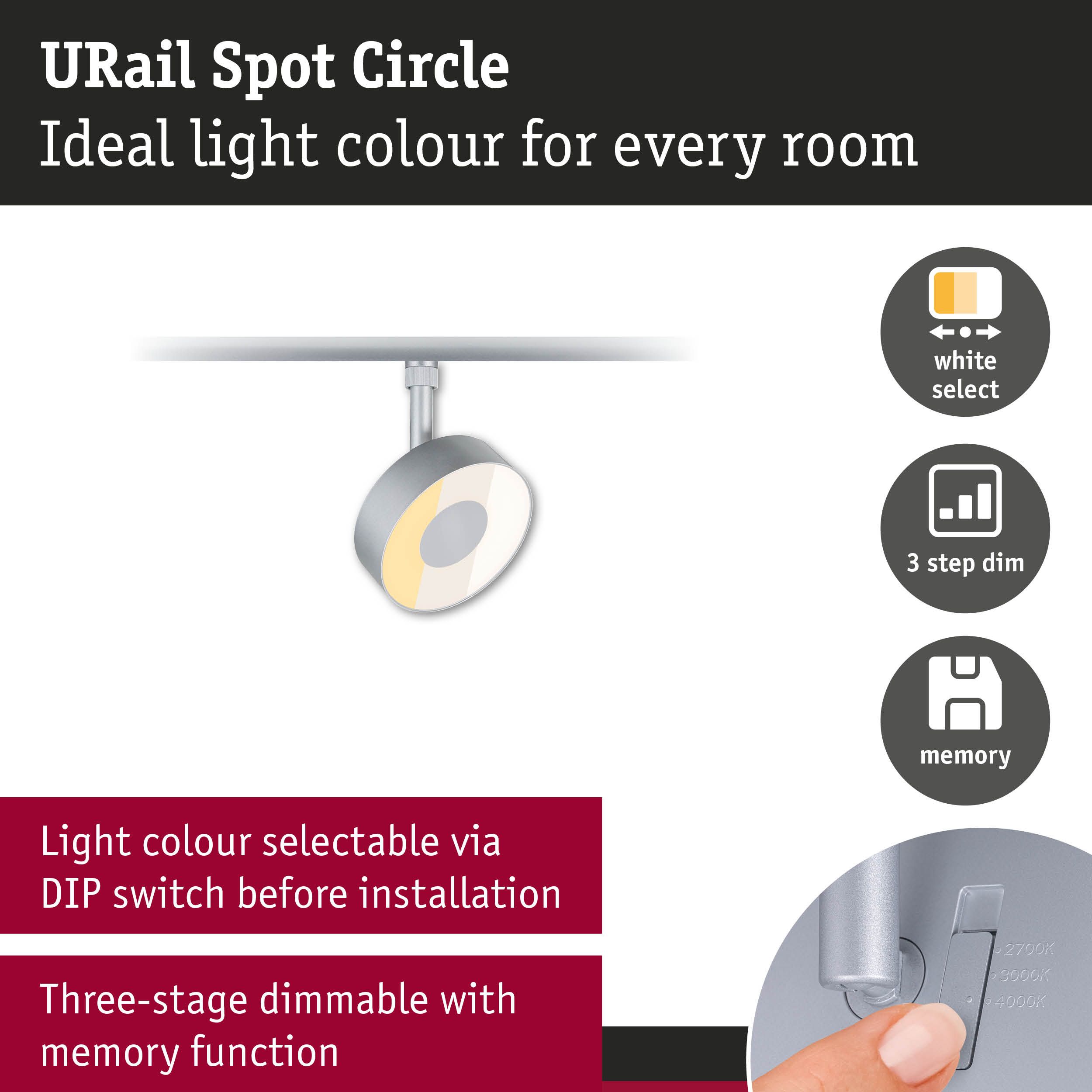 Produktwerbung für URail Spot Circle mit verstellbarer Lichtfarbe und Dimmfunktion.