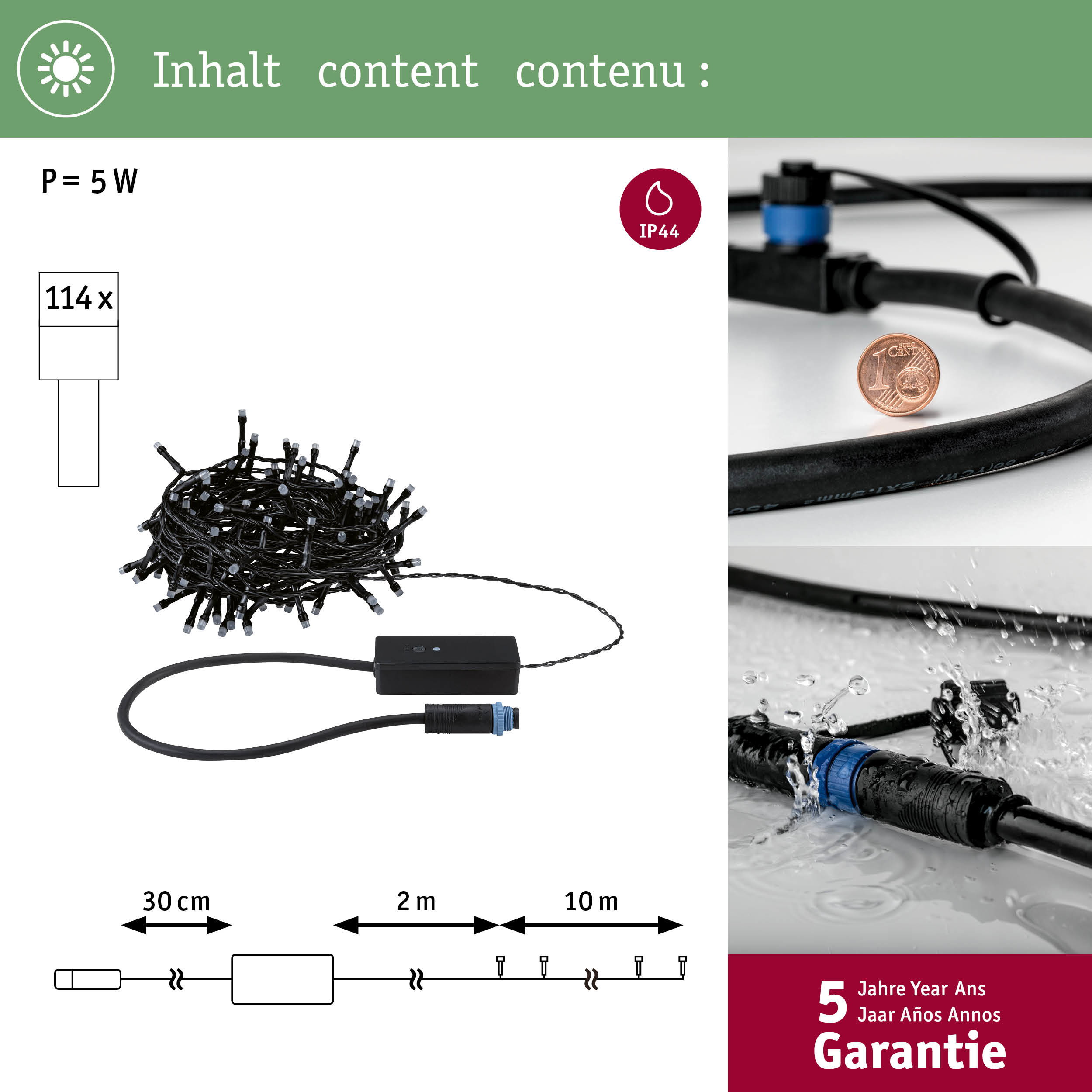 Łańcuch świetlny z 114 LED, IP44, moc 5W, długość 10m i 5 lat gwarancji.