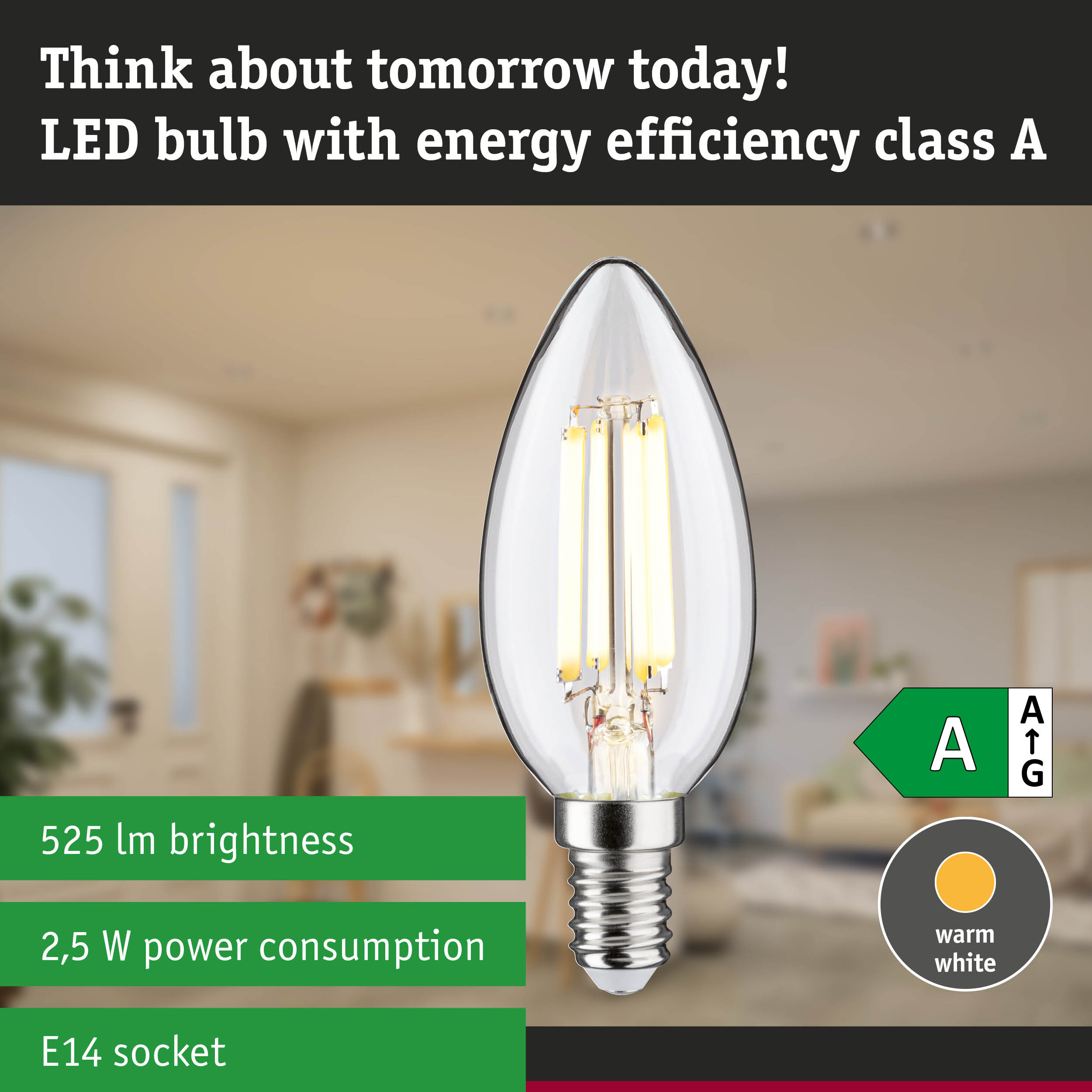 Żarówka LED E14, klasa A, 525 lm, 2,5 W, ciepła biel, na rozmytym tle.