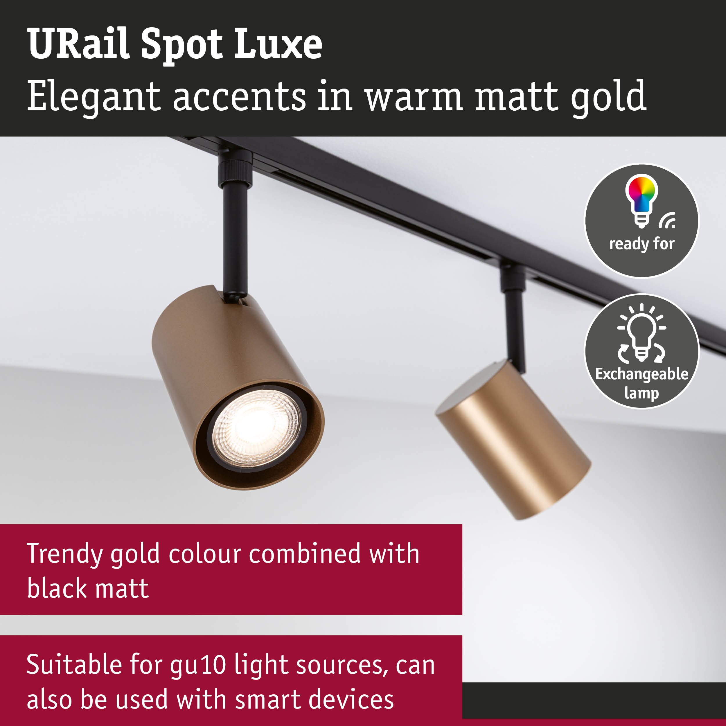 Goldene URail Spot Luxe Leuchten an einer schwarzen Schiene mit Textfeldern und Icons.