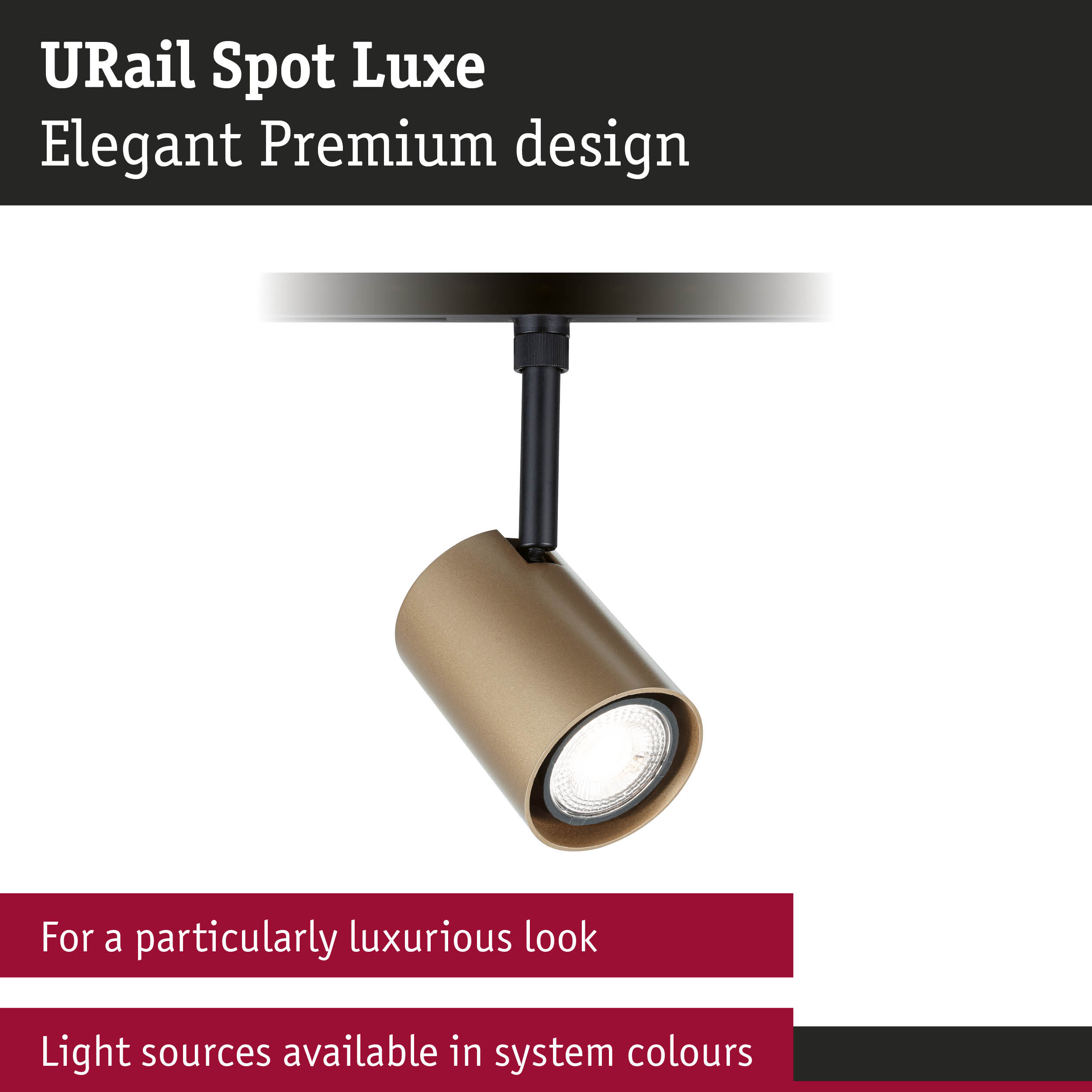Goldener URail Spot Luxe Strahler an einer schwarzen Schiene vor weißem Hintergrund für ein elegantes Design.