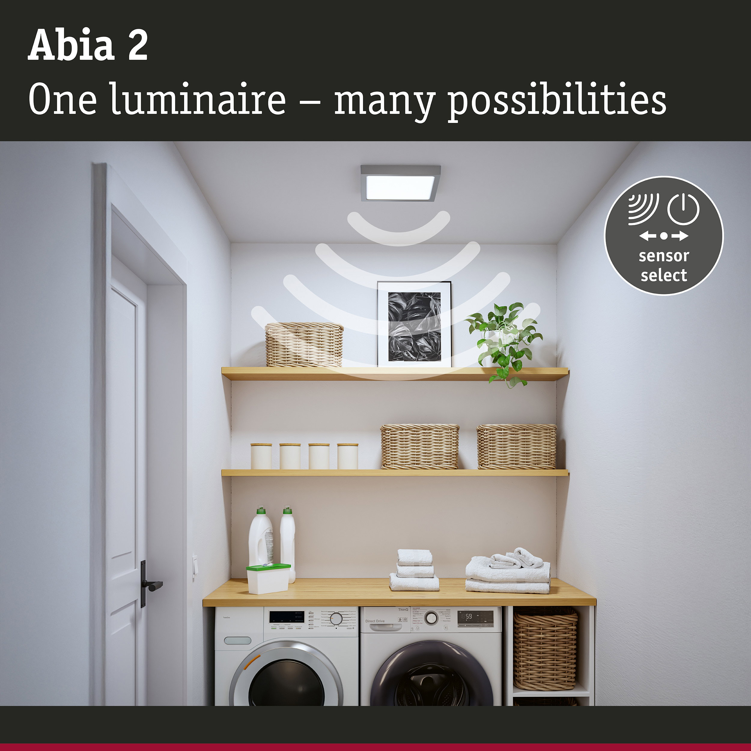 Lampa sufitowa LED Abia 2 w pralni z ikoną fali czujnika.