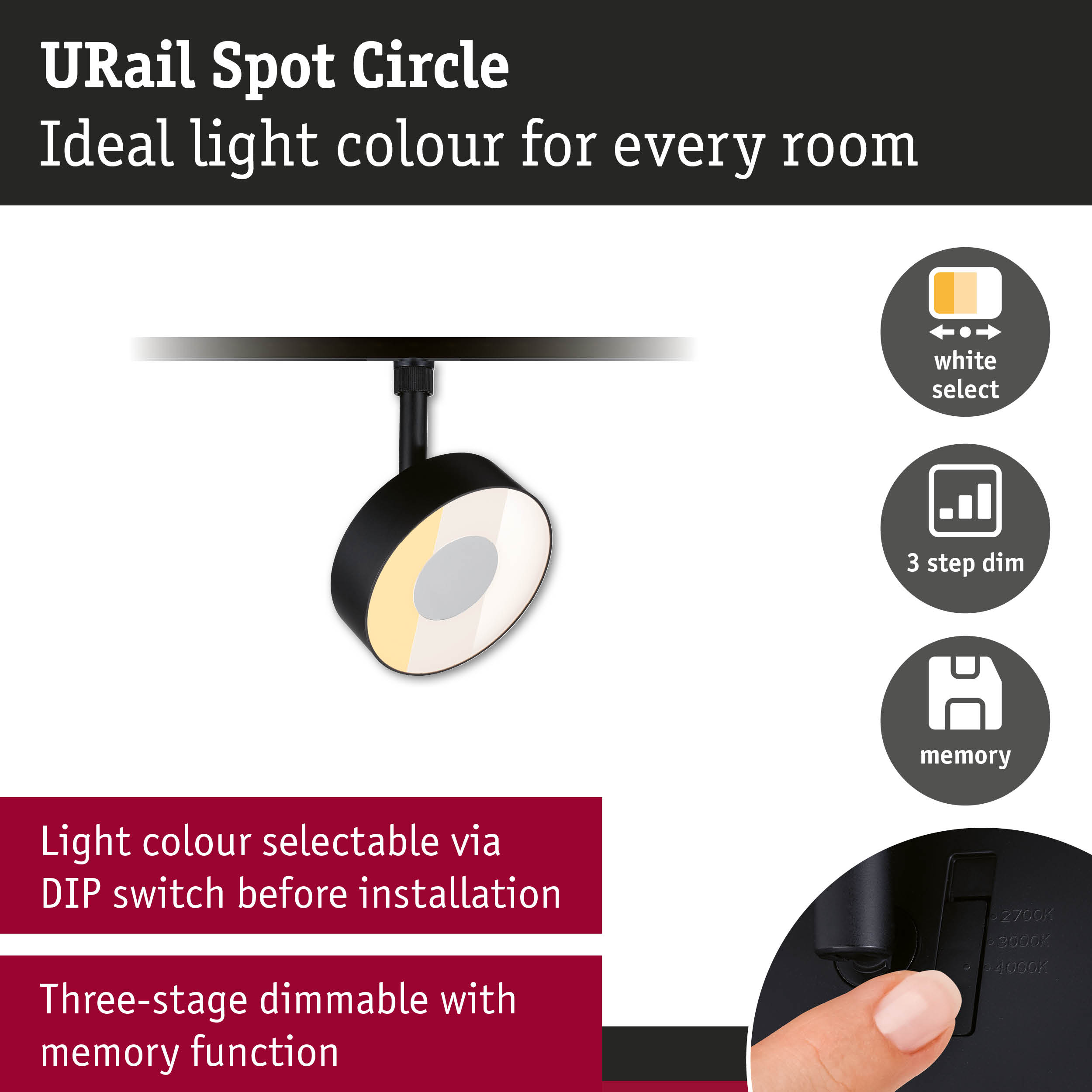 URail Spot Circle mit veränderbarer Lichtfarbe und Dimmfunktion.